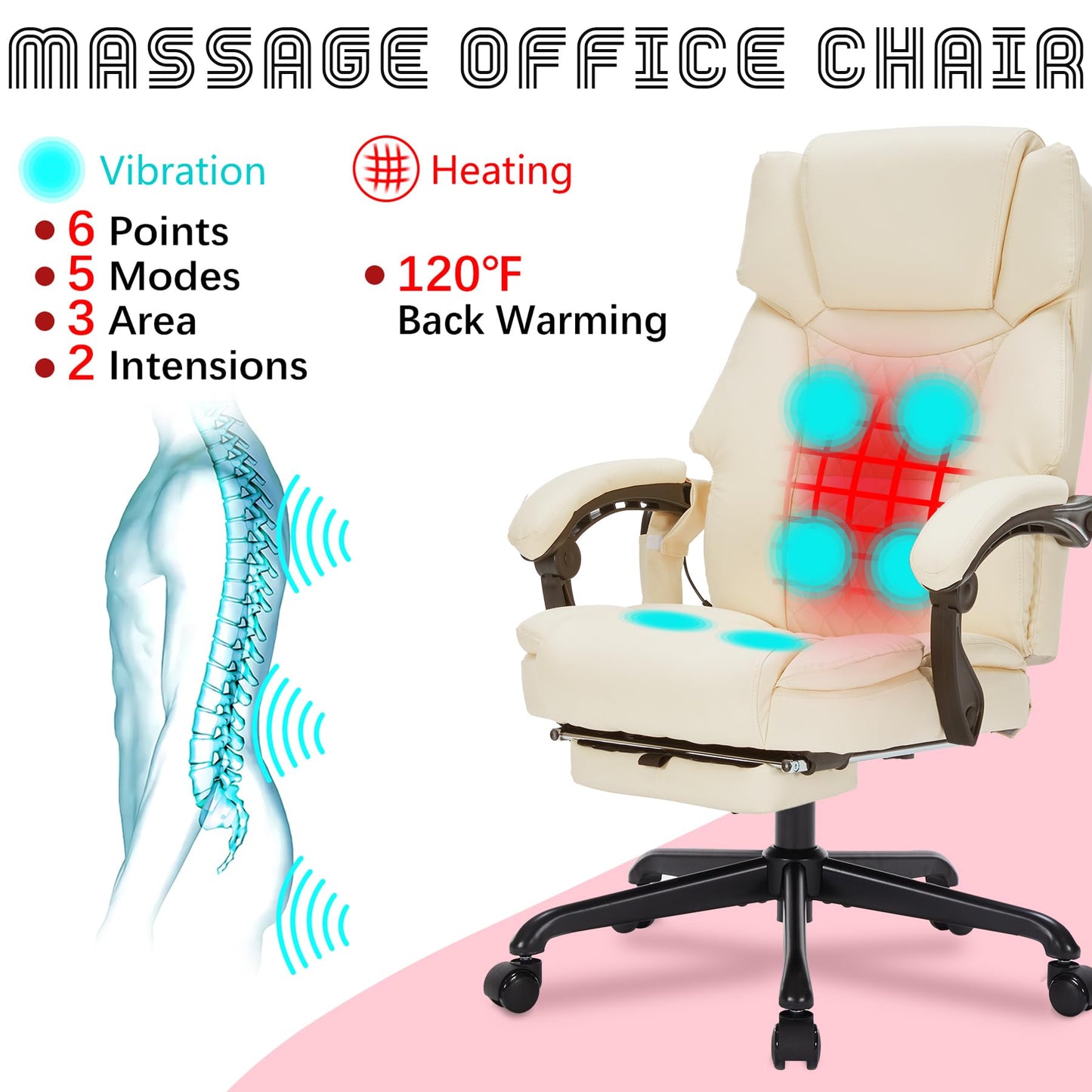 Massage Office Chair with Foot Rest 6 Points Vibration and Heat Home Office Desk Chairs for Heavy People 400lbs Reclining Managerial Chairs Ergonomic Executive Chair (Cream)