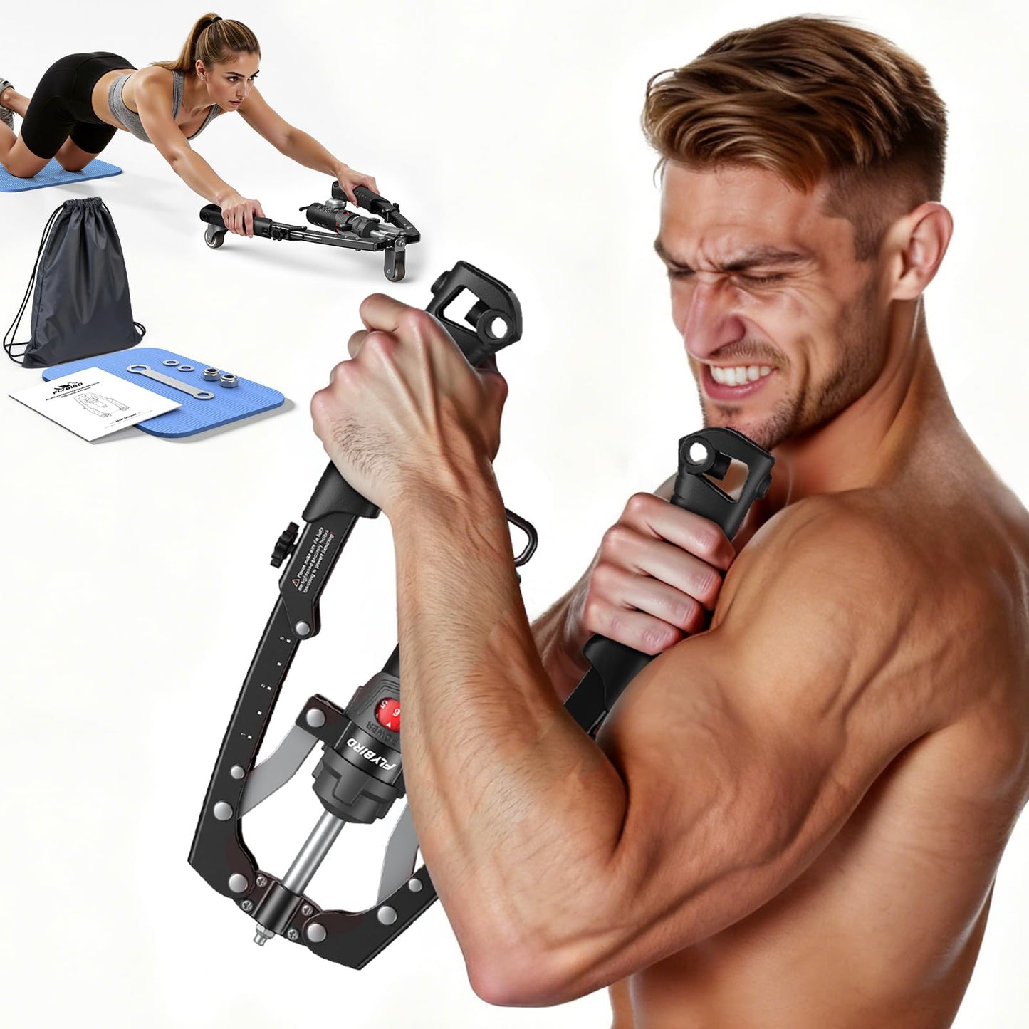 FLYBIRD CT1 Chest Trainer & Arm Twister & Core Trainer, Hydraulic Power CoreFlex Twister Chest Workout Equipment, 22-440lbs for Strength, 3-in-1 Trainer with Ab Roller Wheel(Backpack & Pad Included)