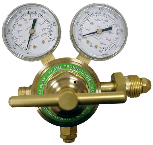 Flame Tech High-Pressure Piston Regulator for Inert Gases, Regulator for Nitrogen and Argon Gas, Forged Brass Body and Bonnet, Easy to Read Dual Scale, Precise Stabilized Control