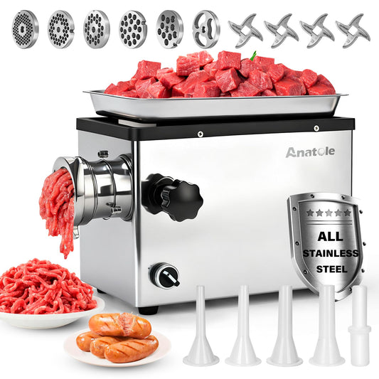 Anatole Commercial Electric Meat Grinder 1.8 HP 1300 W All Stainless Steel Meat Bones Mincer Heavy Duty Sausage Stuffer with 6 Grinding Plates 4 Blades for Restaurant Hotel 110V