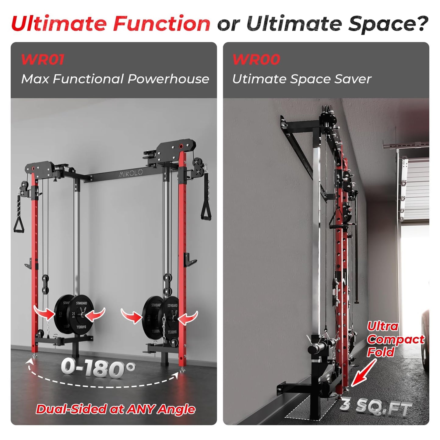 Mikolo Folding Squat Rack, Wall Mounted Power Rack with Cable Crossover Machine & LAT Pull Down, Functional Trainer with 5 Adjustable Function Modes, No Function Interference (Red)