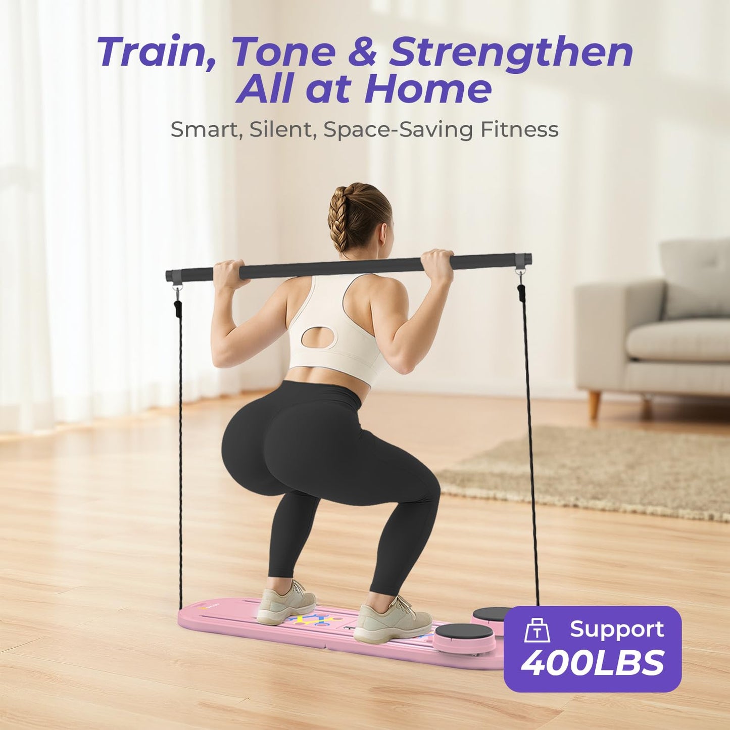 Pilates Reformer Board – 5-in-1 Foldable Pilates Machine for Home Workout, Portable Fitness Board with Resistance Bands, Full Body Training for Women (Light Pink)
