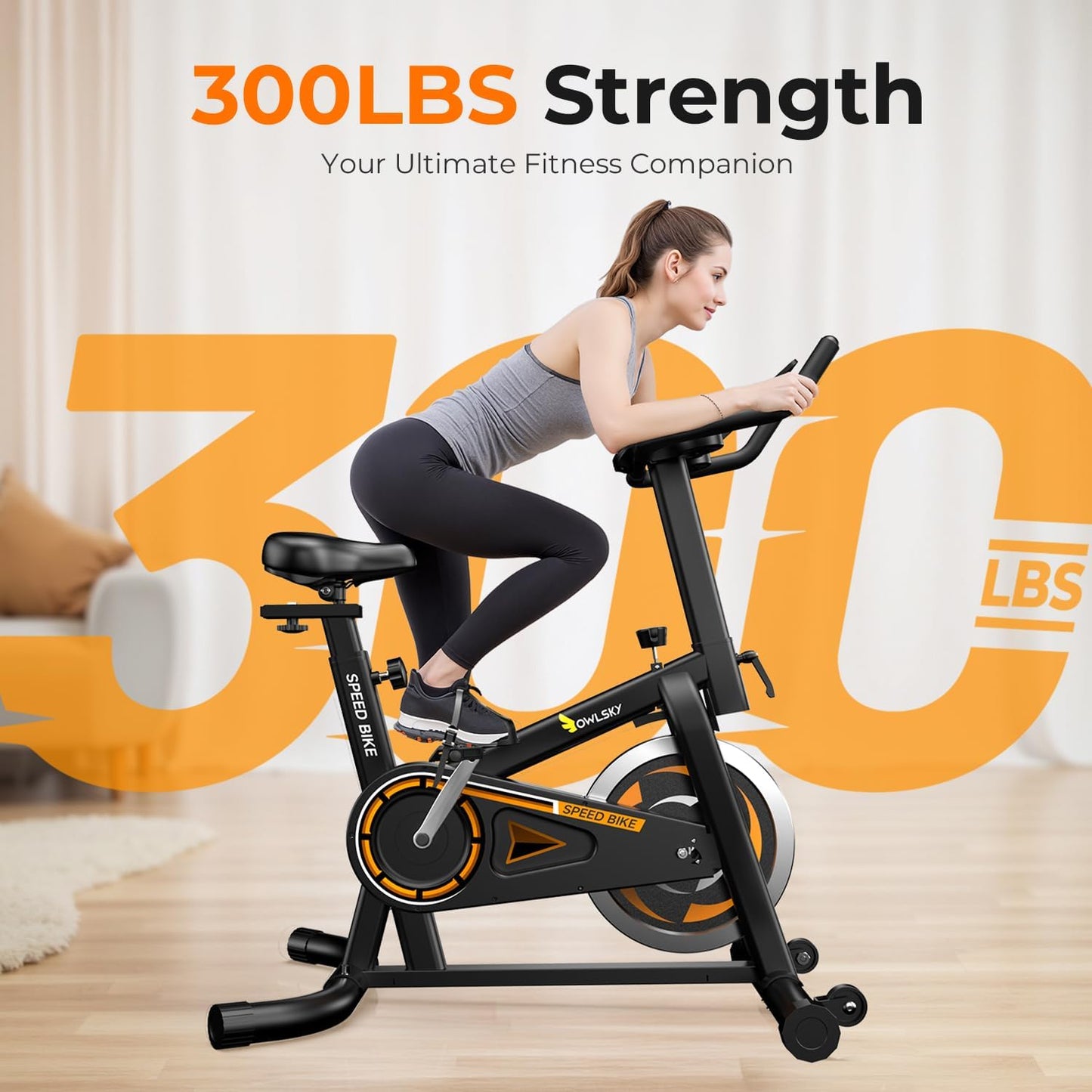 OWLSKY Exercise Bike with APP, Stationary Bike for Home, 300 lbs Capacity Quiet Indoor Cycling Bike Gym Cardio Workout, Adjustable Seat & Tablet Holder Friction-Black