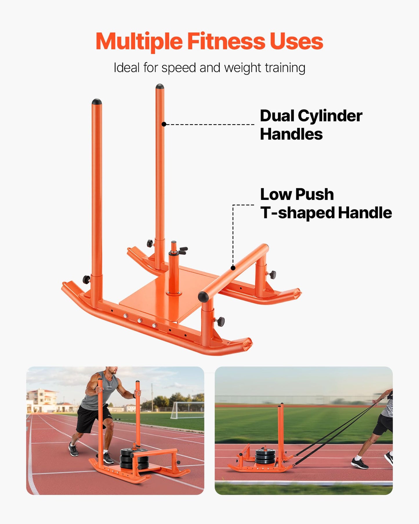 VEVOR Weight Sled, Fitness Strength Training Pull Push Running Sled, Fitness Workout Sled Push Gym Equipment, with Handle, Compatible 1/2 in Weight Plates, Orange, Football Sleds and Chutes