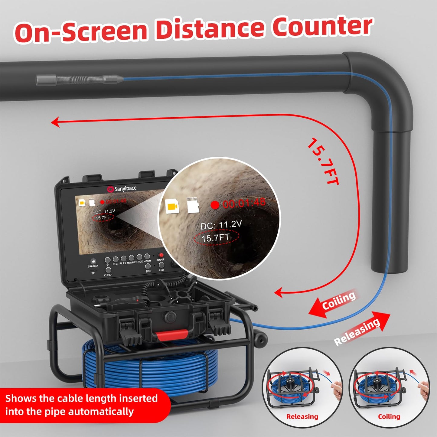 Sanyipace Sewer Camera Self-Leveling 165FT/50M, 512Hz Sonde, Distance Counter, 5-Level Adjustable Brightness, 4500mAh Battery, IP68 Waterproof Pipe Camera for Drain Snake, Plumbing, Duct, Plumber