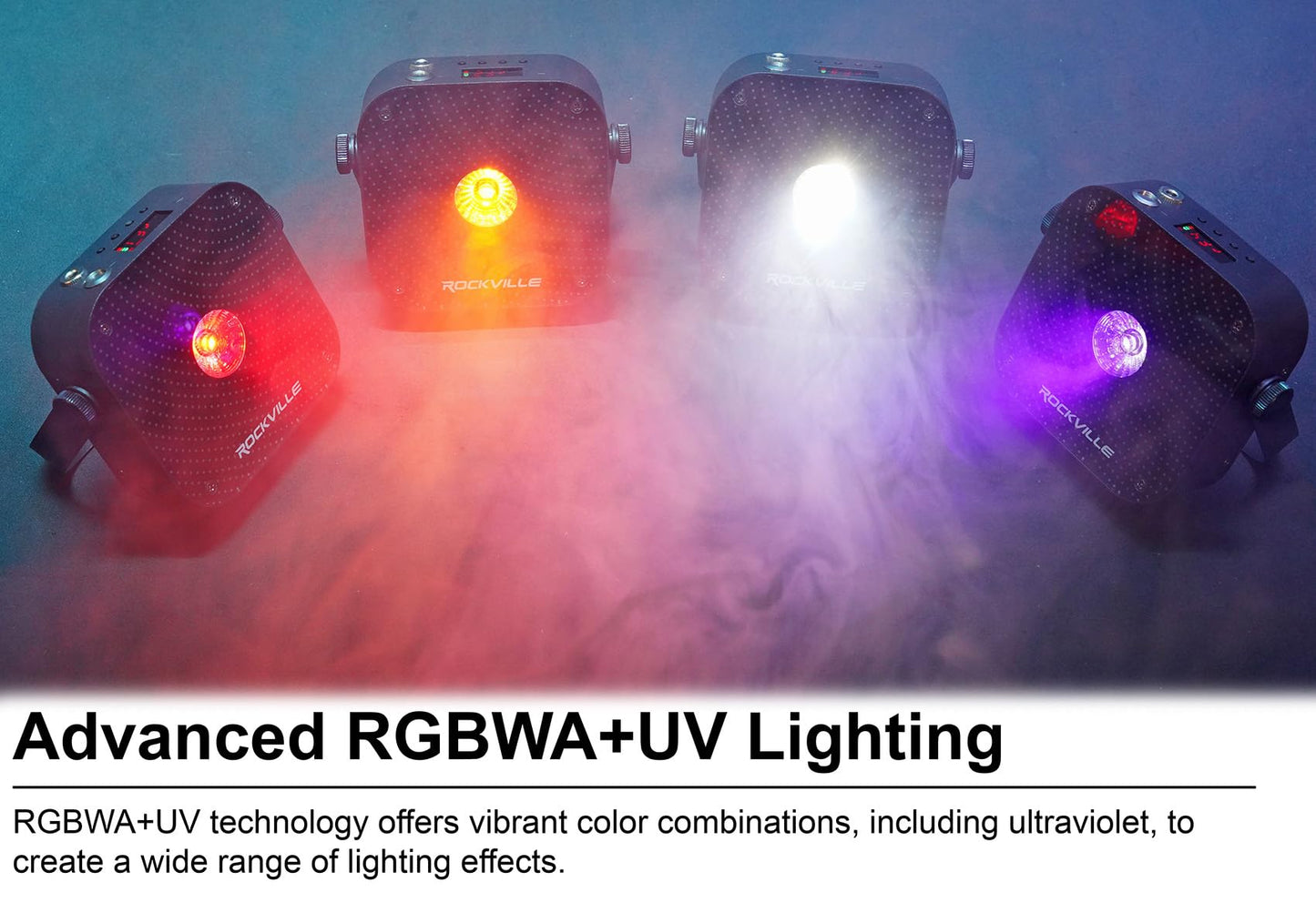Rockville 4 Pack MINI RF1 V3 Black LED Wash Up Light, RGBWA+UV, Compact, App, Remote, LCD, Wireless DMX, Rechargeable, Perfect for DJ/Party Lighting