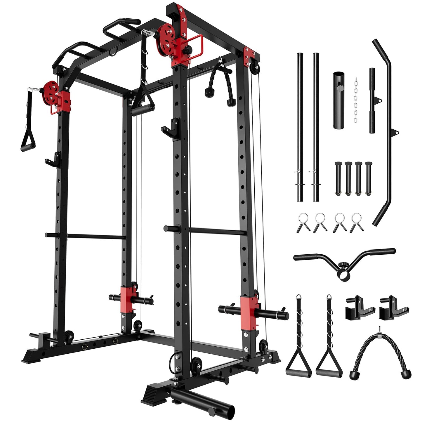 GarveeLife Power Cage, Power Rack with Cable Crossover System, 2000LBS Squat Rack with LAT Pull Down System, Workout Cage with Pulley System for Fitness Home Gym Strength Training(Red and Black)