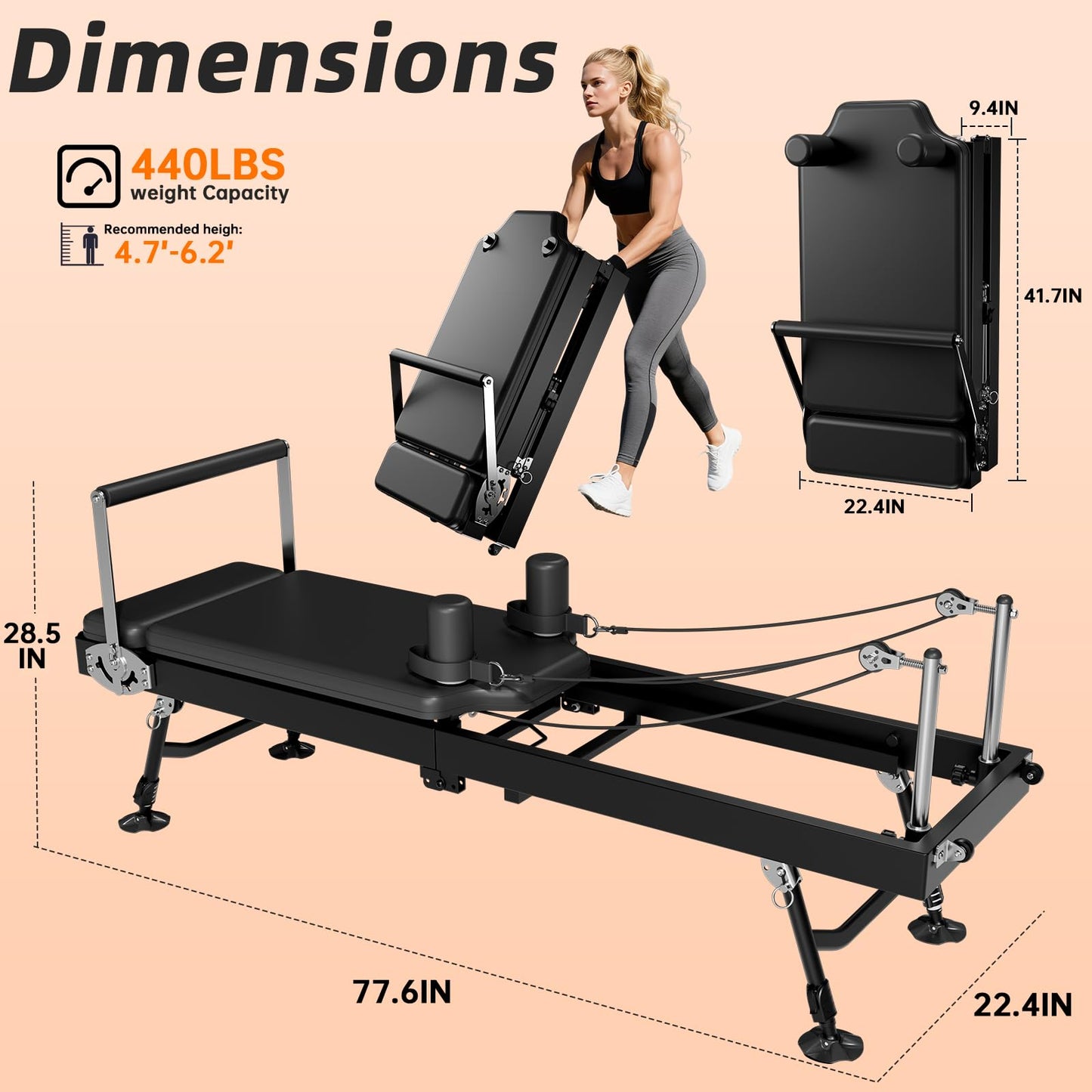 AzureHaven Pilates Reformer Machine for Home, 78" Foldable Reformer with Adjustable Resistance, 5 Elastic Cords, Professional Home Gym Equipment