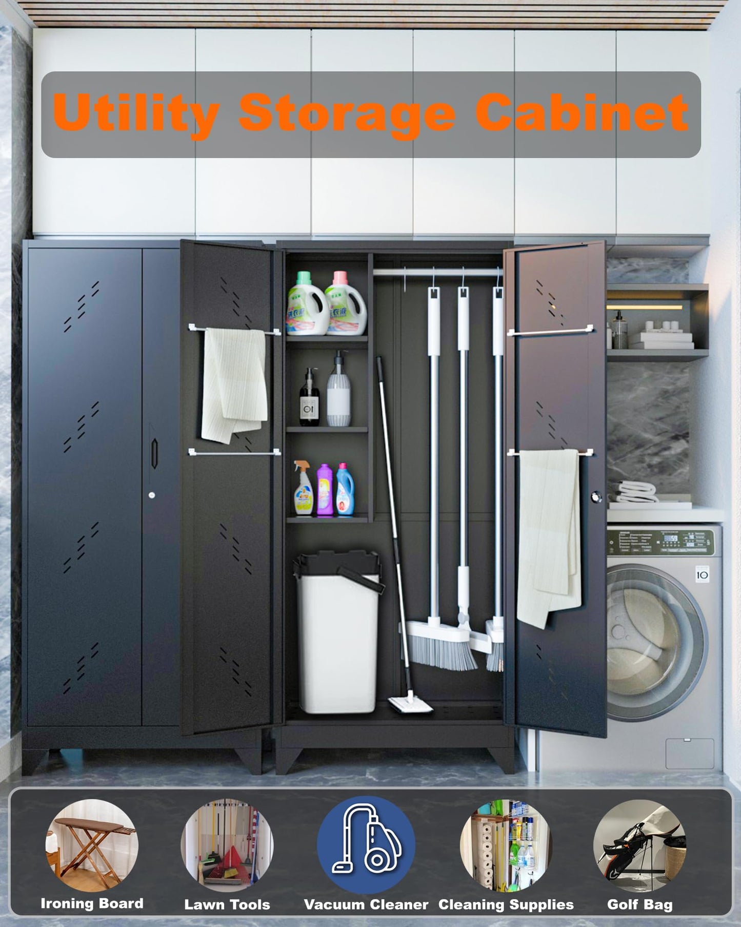 YILFANA 75" Metal Storage Cabinet with Lockable Doors, Functional Garage Storage Cabinets, Heavy-Duty Tool Organization Cabinet with Hanging Rod & S-Hooks (75" Utility Closet)