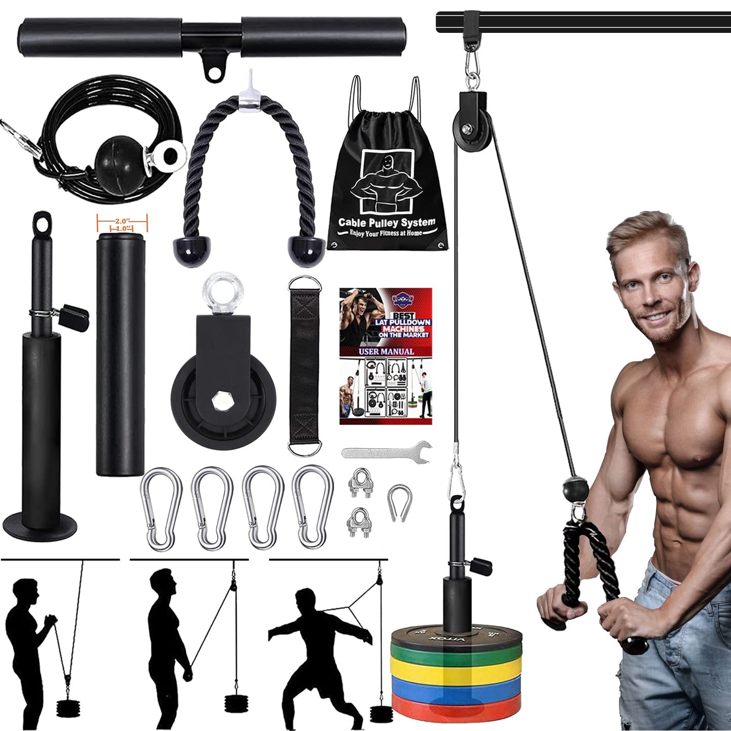 Taeku LAT Pulley System for Home Gym – Strength Training Fitness Equipment Cable Machine for Triceps, Biceps, Back & Shoulder Workouts (100" Cable+ Adapter)