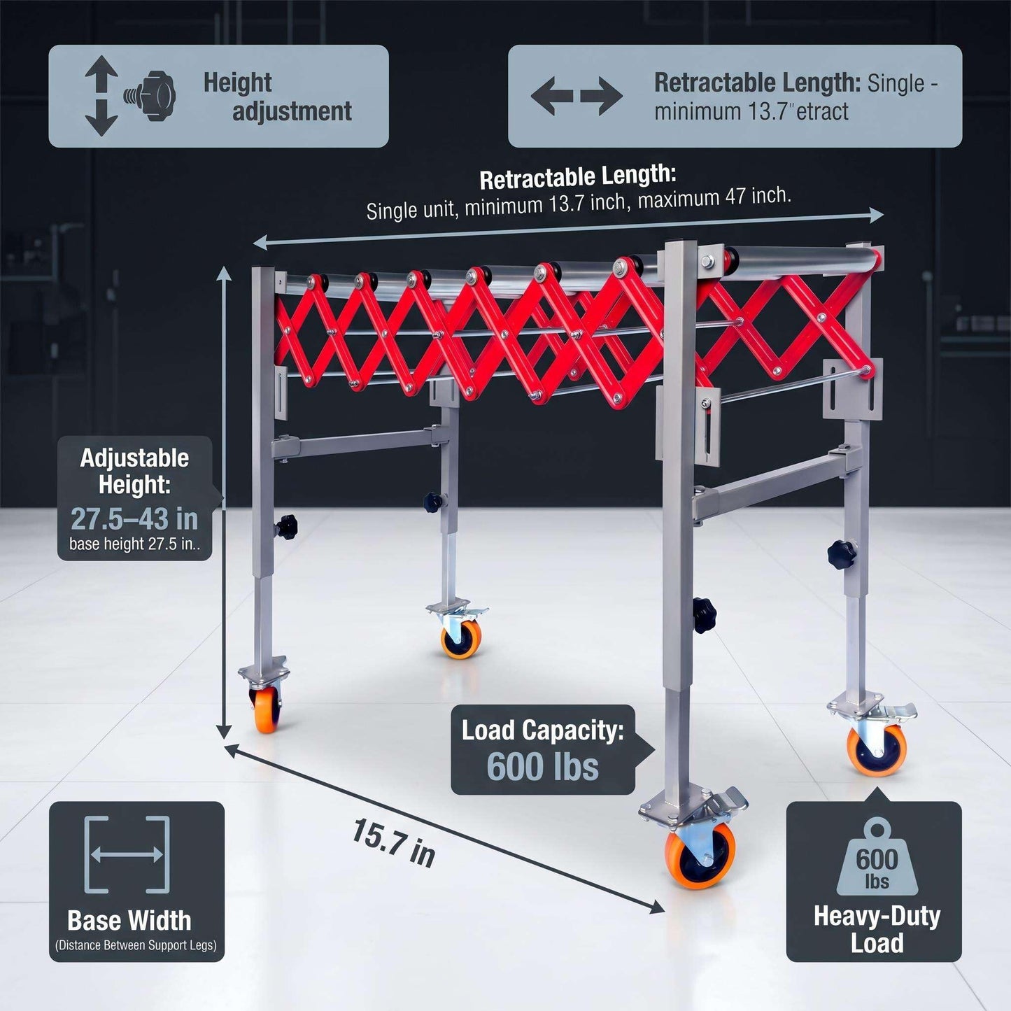 Expandable Roller Conveyor for Warehouse Packing, Adjustable Height 27.5''-43'' with Wheels, 13.7''-47'' Retractable Length, 600 lbs Capacity Roller Conveyor and Roller Conveyor Transfer Stand
