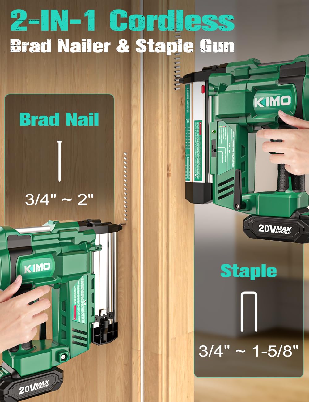 KIMO 18 Gauge Nail Gun Cordless with Battery 2.0Ah X 2, 1000pcs Nails and Staples, 2 Firing Modes, 180 Nails/min, Adjustable Nailing Depth, 2 IN 1 Cordless Brad Nailer and Stapler for DIY Project