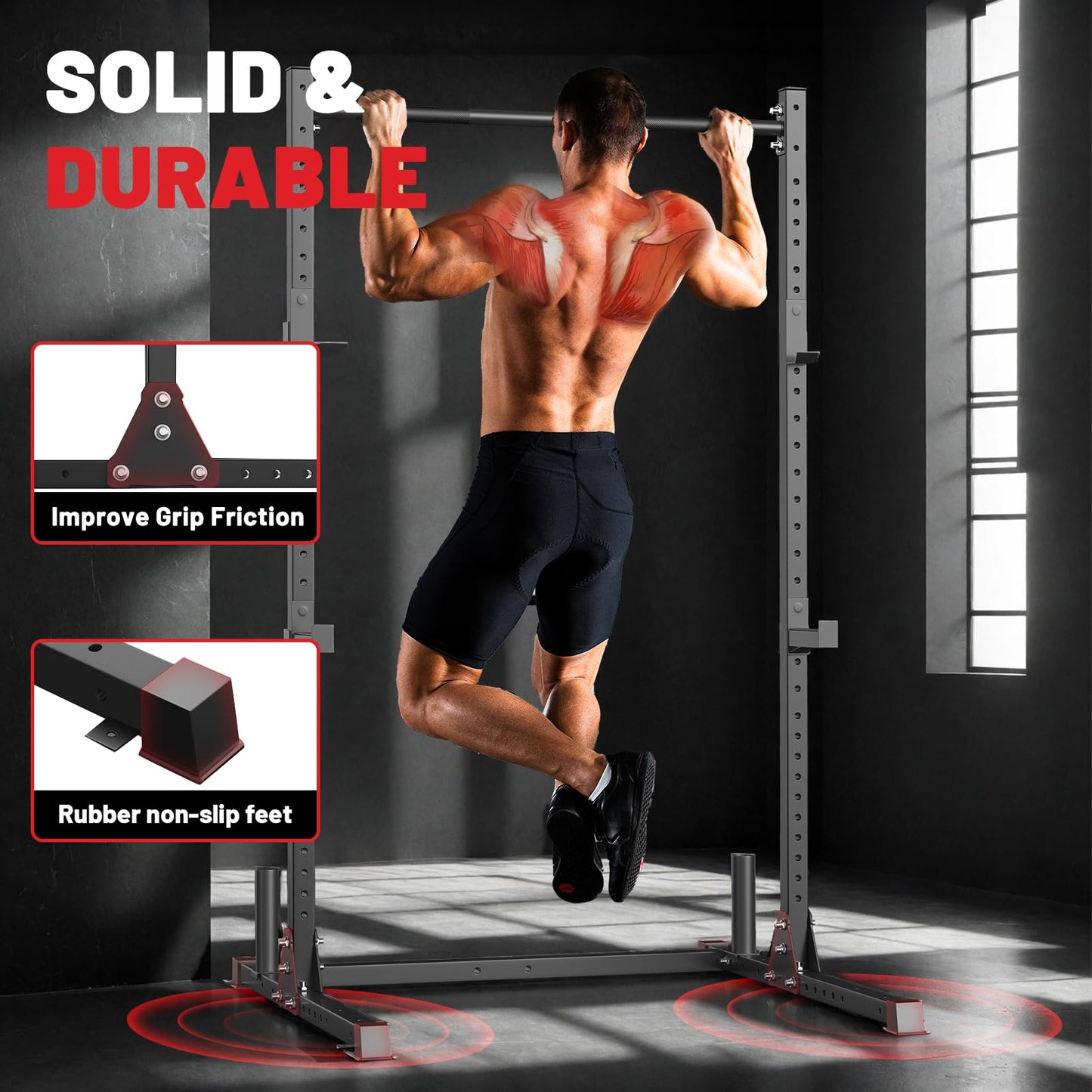 Squat Rack with Pull Up Bar for Home Gym, Adjustable Power Cage with J-Hooks, Multi-Functional Power Rack for 6FT, 7FT Barbell, Strength Training and Bodybuilding Equipment