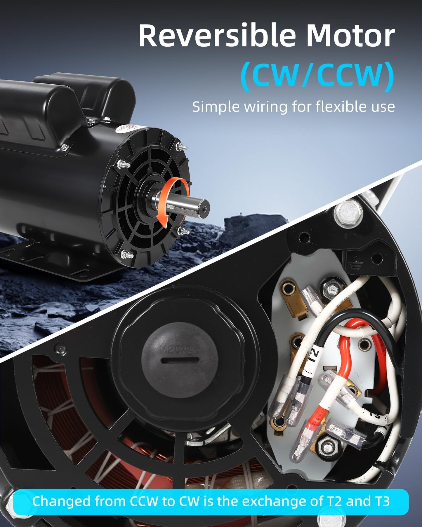 3HP SPL Air Compressor Electric Motor, 230V 17.6Amps, 56 Frame 3450RPM, 5/8“ Keyed Shaft, 1.88” Shaft Length, Single Phase, CW/CCW Rotation, Powerful Motor for General Equipment
