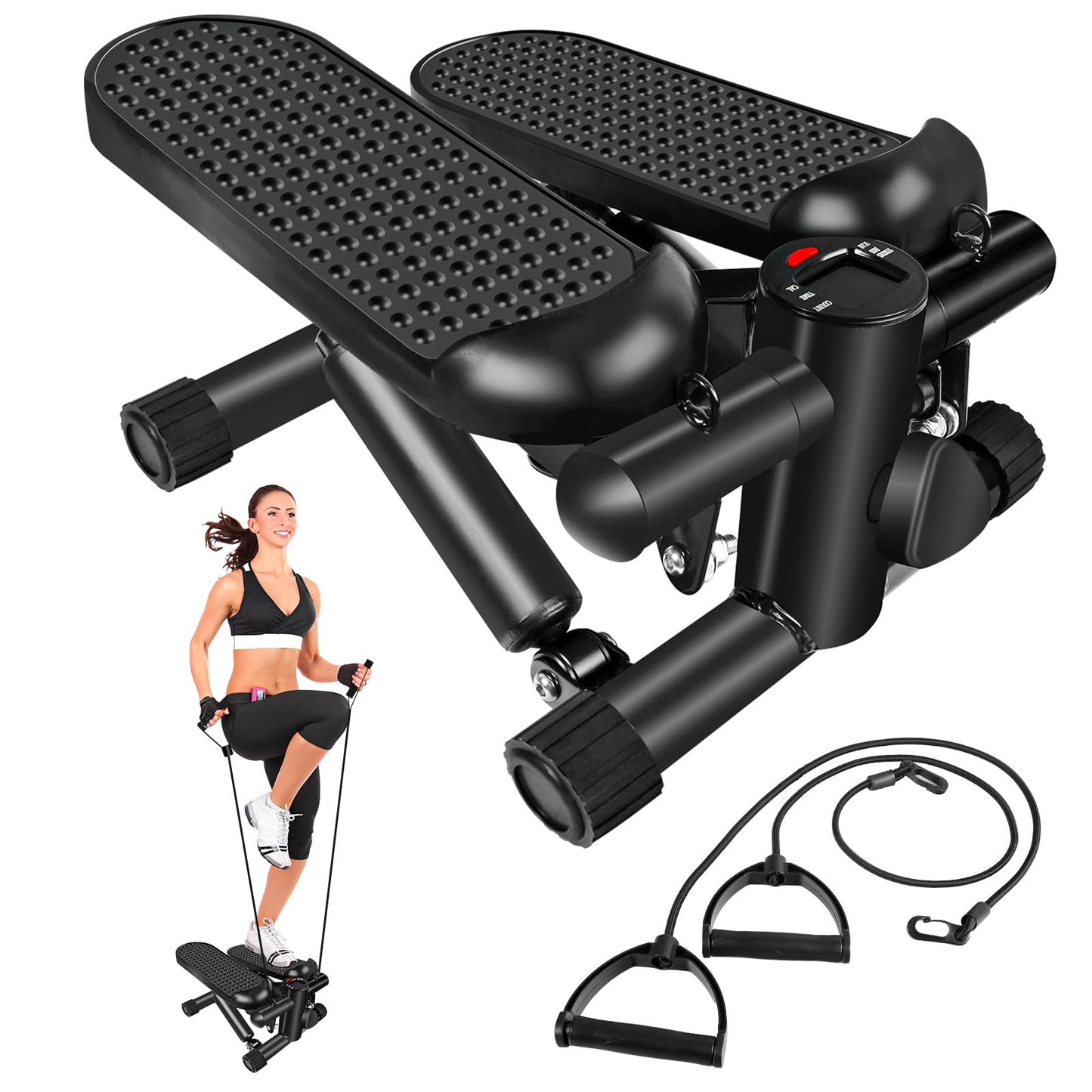 Hydraulic Fitness Stepper with LCD Monitor - Mini Stepper and Resistance Bands