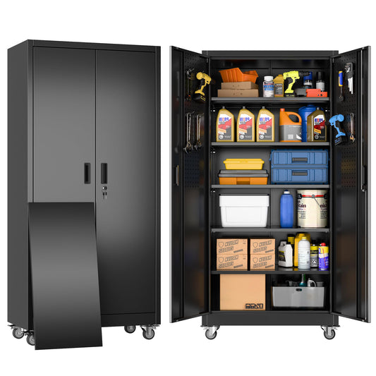 SUXXAN Heavy Duty Metal Storage Cabinet with Wheels and Pegboard, 71" Tall Industrial Steel Cabinet with 5 Adjustable Shelves & Locking Doors for Garage, Office, Pantry, Warehouse, Black