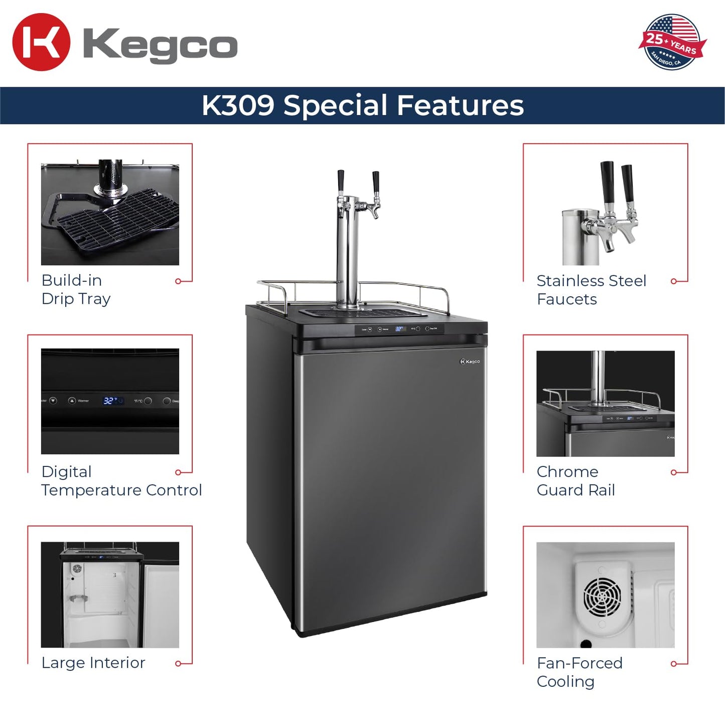 Kegco 3PK309X-2 24″ Dual-Tap Digital Homebrew Kegerator – Stainless Steel Draft Beer Refrigerator, Converts to Fridge