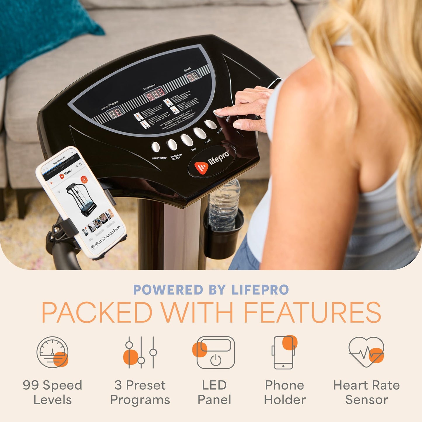 Lifepro Rhythm Vibration Plate Exercise Machine — Whole Body Vibration Platform Machine for Lymphatic Drainage with Handles, 99 Speeds & Heart Rate Monitor — Standing Vibrating Platform for Home Gym