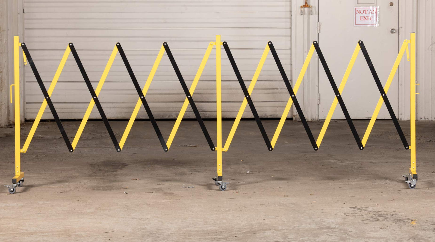 Trafford Industrial Expandable Metal Barricade, 16 Feet, Yellow and Black, Mobile Safety Barrier Gate, Retractable Traffic Fence