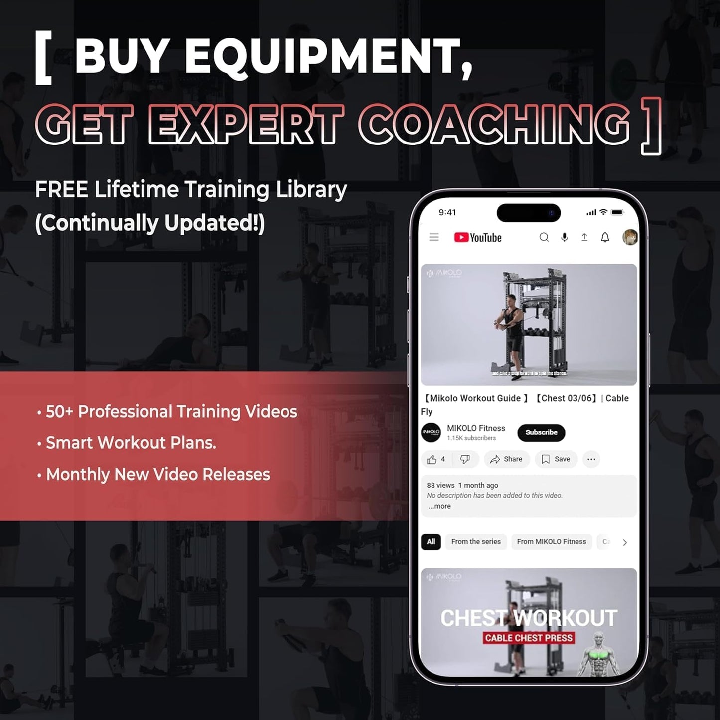 Mikolo Folding Squat Rack, Wall Mounted Power Rack with Cable Crossover Machine & LAT Pull Down, Functional Trainer with 5 Adjustable Function Modes, No Function Interference (Red)