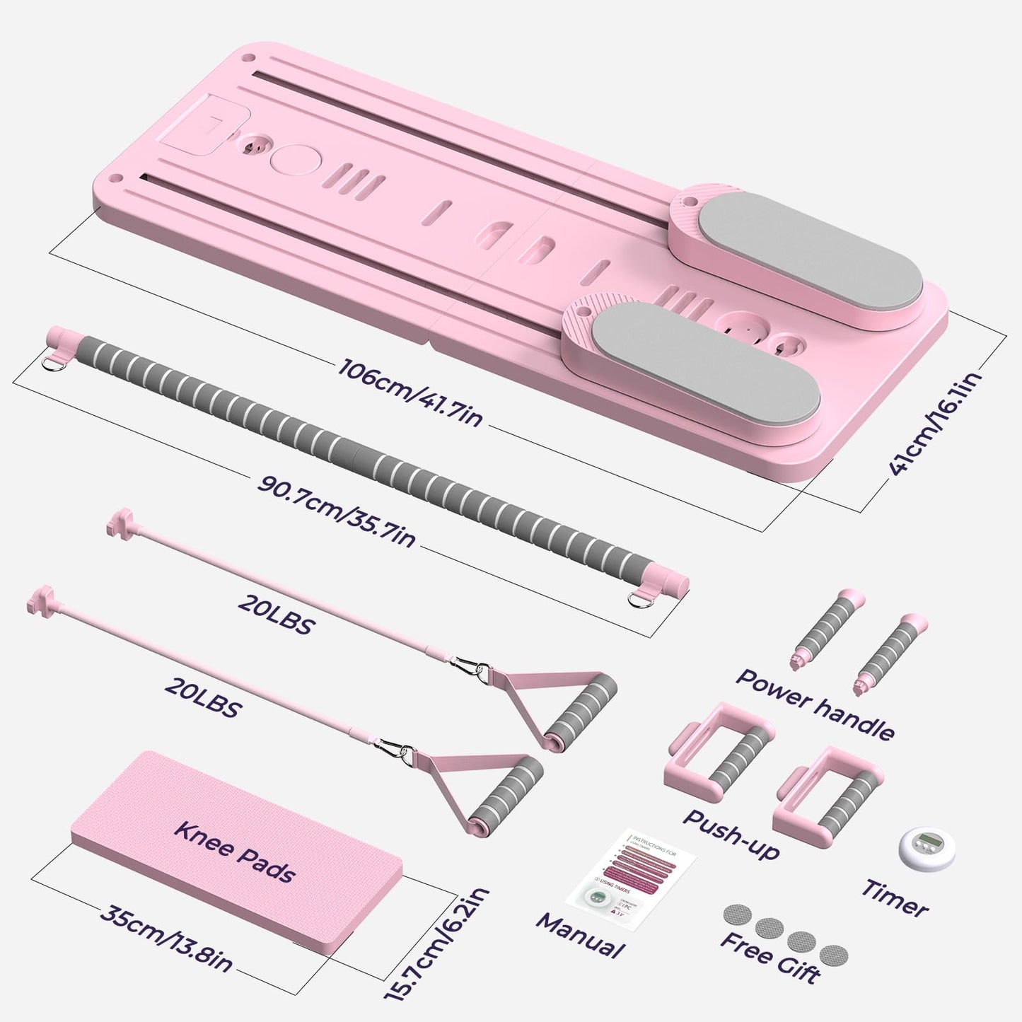 Multifunctional Pilates Board, Pilates Reformer Sets 7-in-1 Foldable Pilates Reformer Machine for Home Workout with Timer, Phone Holder, Push-up Bar, Ab Board, 330LBS Capacity Portable Set, Pink