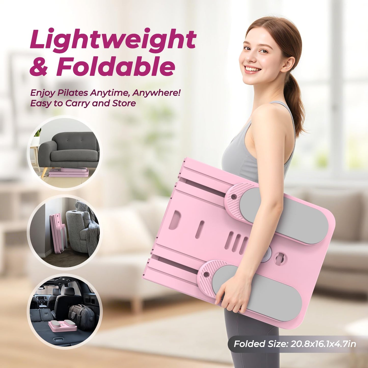 Multifunctional Pilates Board, Pilates Reformer Sets 7-in-1 Foldable Pilates Reformer Machine for Home Workout with Timer, Phone Holder, Push-up Bar, Ab Board, 330LBS Capacity Portable Set, Pink
