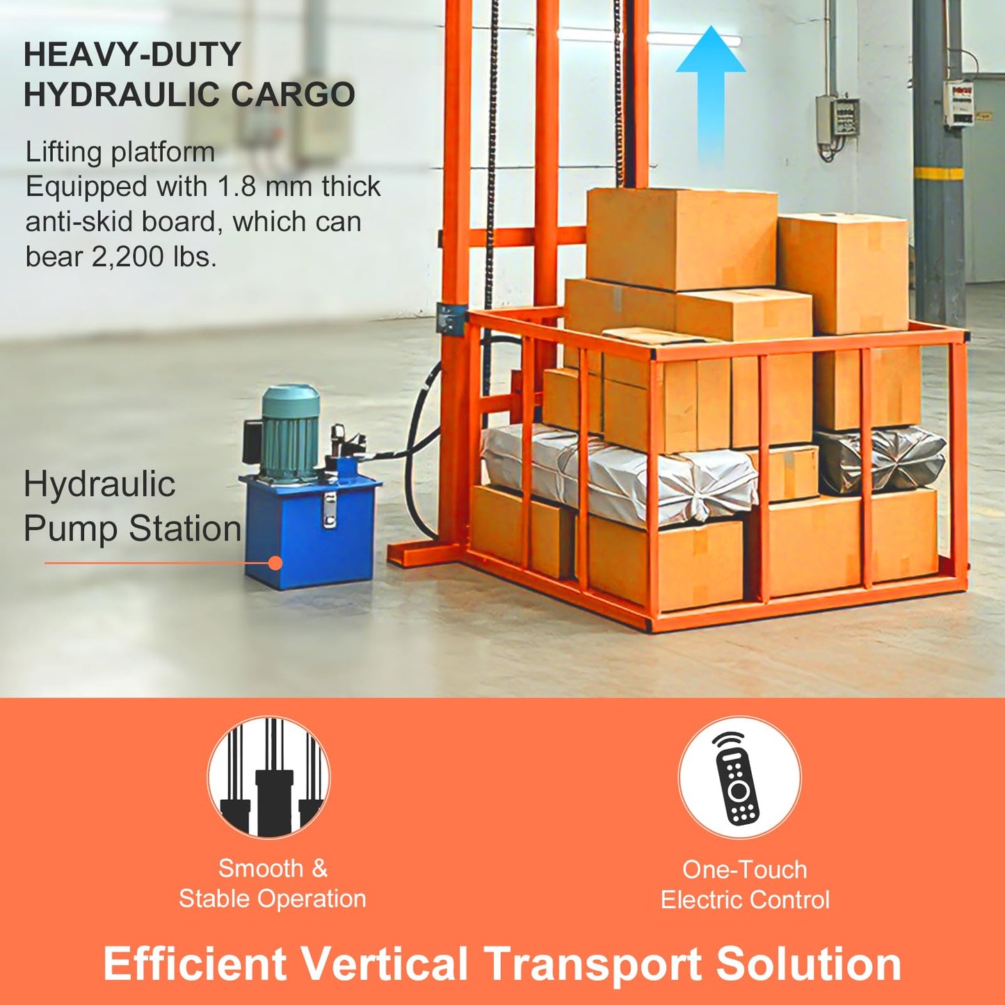 Hydraulic Freight Elevator System, 2200lbs 1-Ton Electric Cargo Lift Platform, Wall-Mounted Rail Guide VRC Mezzanine Hoist with 2500W Pump for Warehouse, Factory, Home Garage (19.7FT Lifting Height)