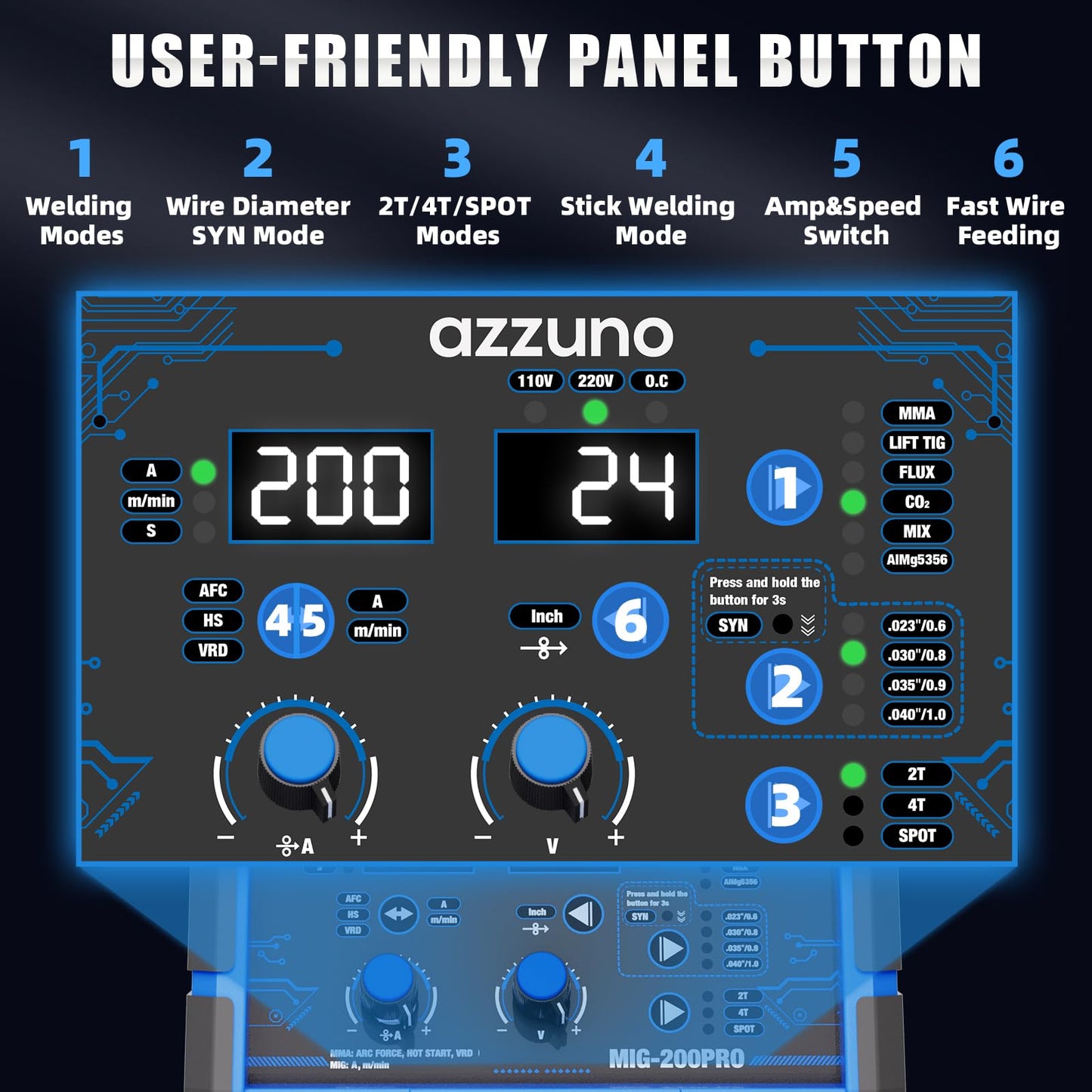 AZZUNO 8 in 1 200A MIG Welder & .030" 2LBS Solid MIG Welding Wire, 110V/220V Welder Machine Flux Core MIG/Gas MIG/MAG/Aluminum MIG/Spot MIG/Lift TIG/Stick Welding/Spool Gun Compatible, Multiprocess We