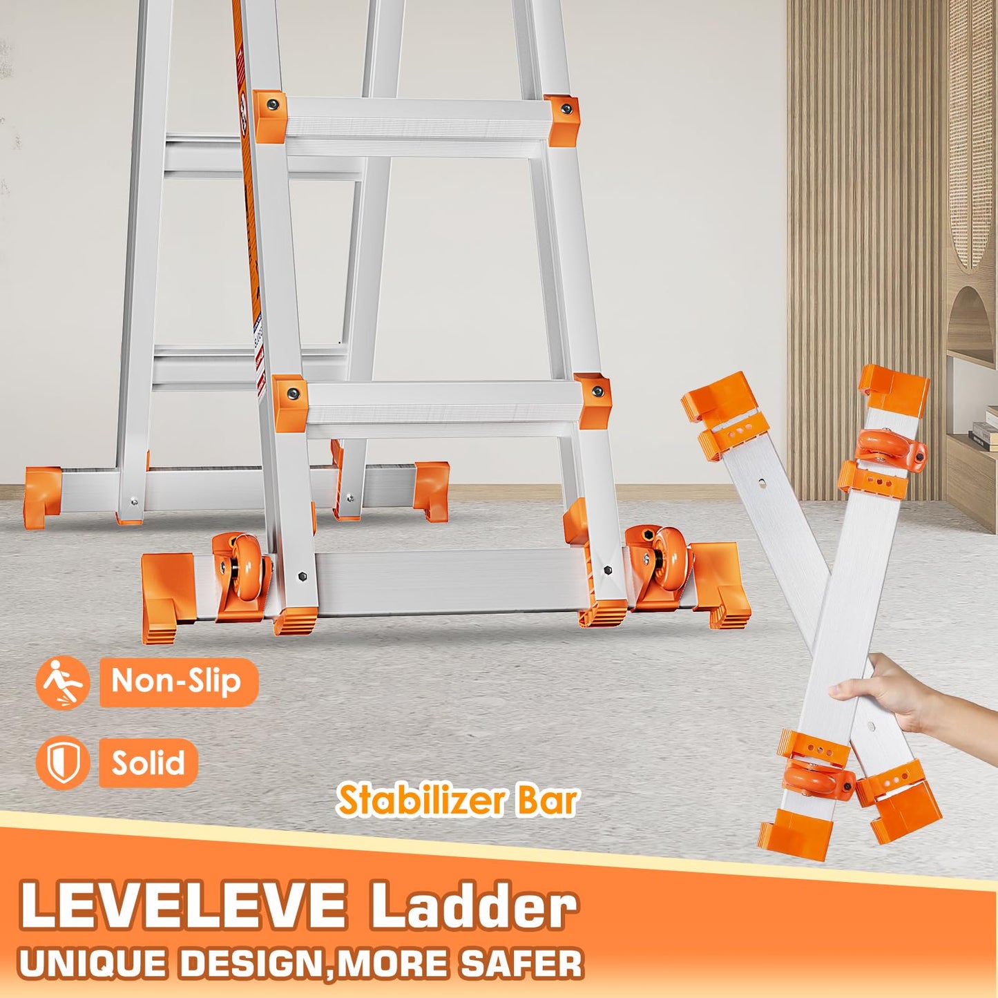 LEVELEVE Telescoping A Frame Ladder, 22FT Multi Position Ladder with Stabilizer Bar & Wheels,330 lbs Security Load for Stairs Home Indoor Outdoor Roof