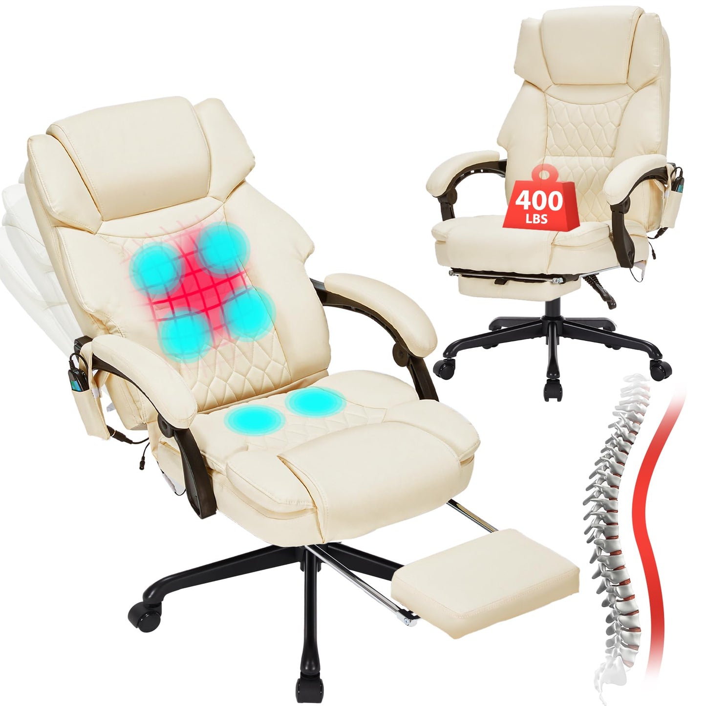 Massage Office Chair with Foot Rest 6 Points Vibration and Heat Home Office Desk Chairs for Heavy People 400lbs Reclining Managerial Chairs Ergonomic Executive Chair (Cream)
