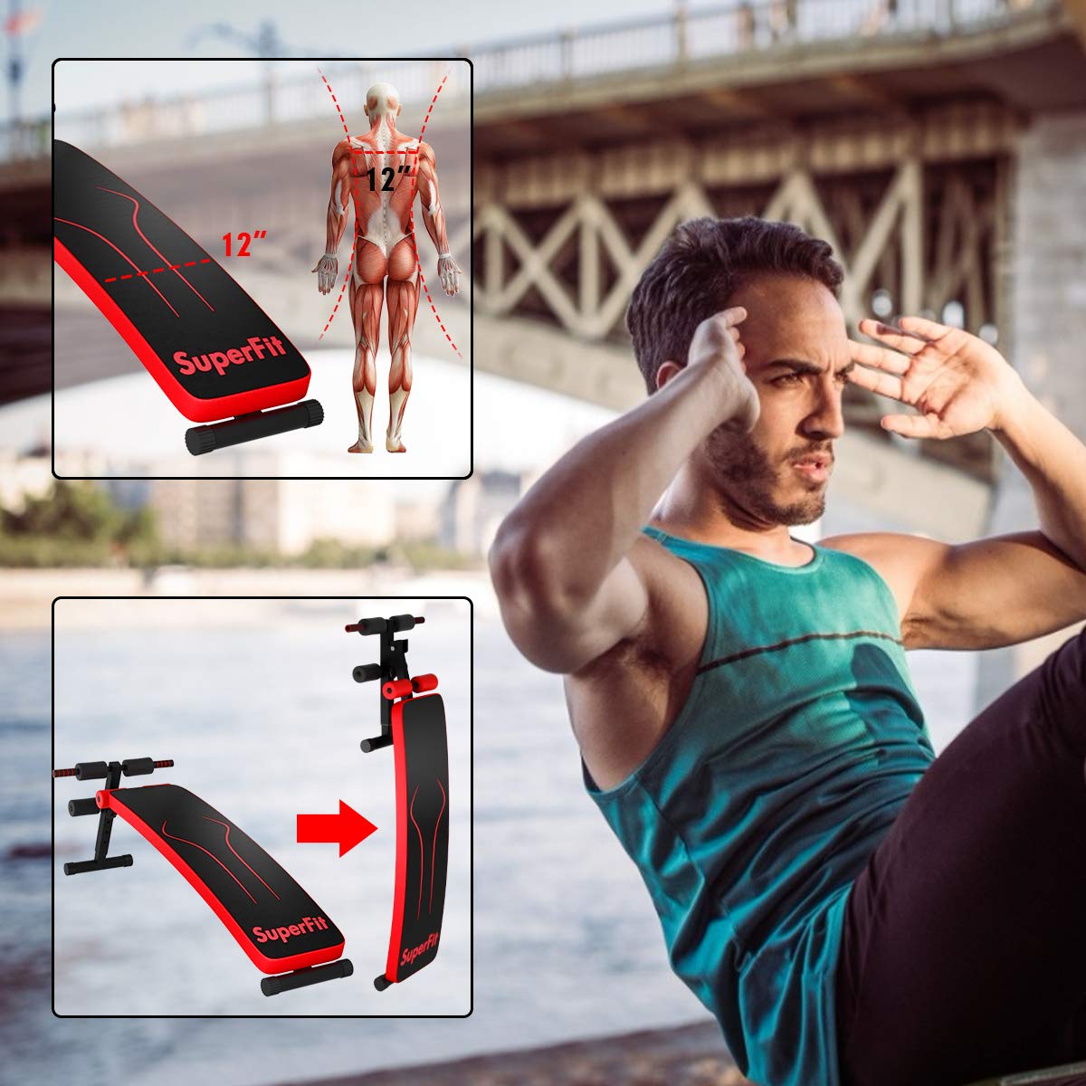 Goplus Adjustable Sit Up Bench, Abdominal Training Workout Slant Bench, Decline Curved Ab Bench for Home Gym Ab Exercises (Red)