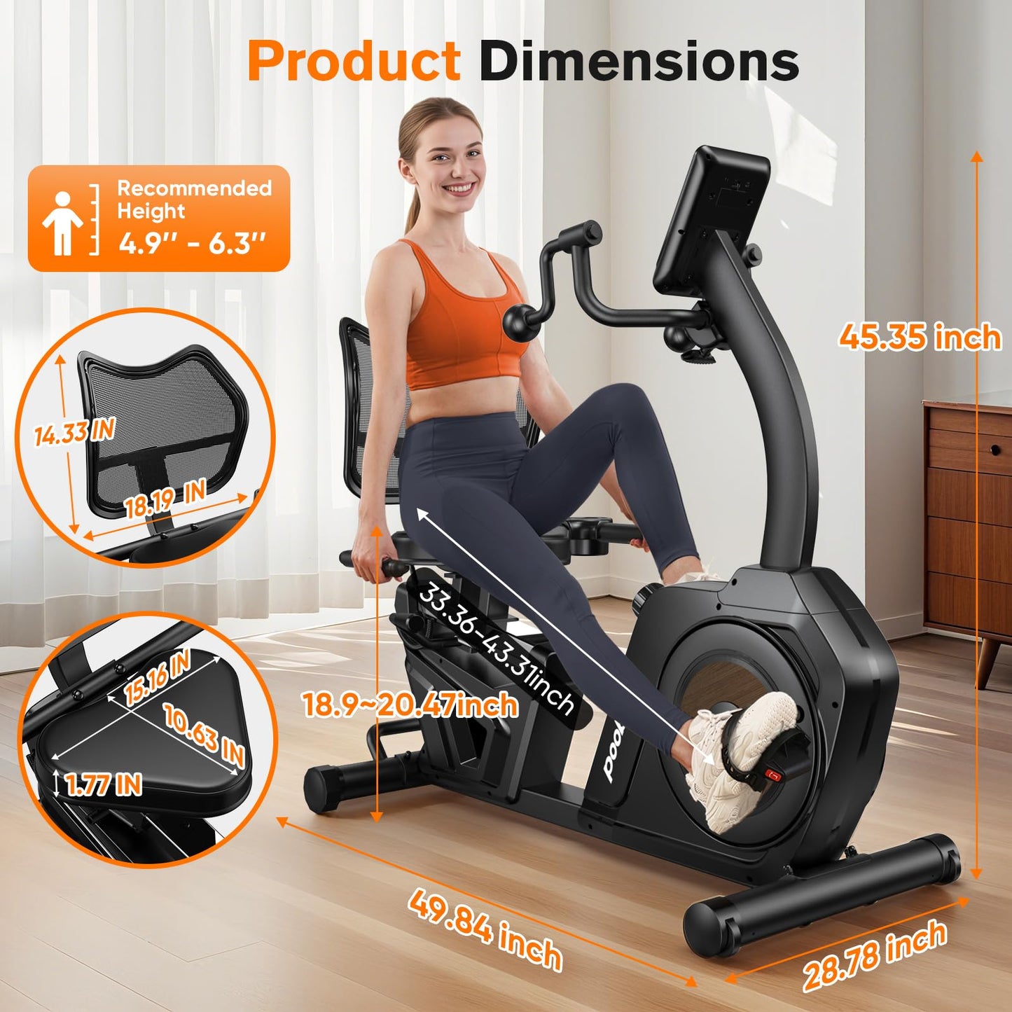 pooboo Recumbent Exercise Bike, Stationary Bikes for Home with Arm Exerciser, Magnetic Recumbent Bike with Ergonomic Backrest & Comfortable Seat, Smart APP, Pulse Sensor, 400LBS Weight Capacity