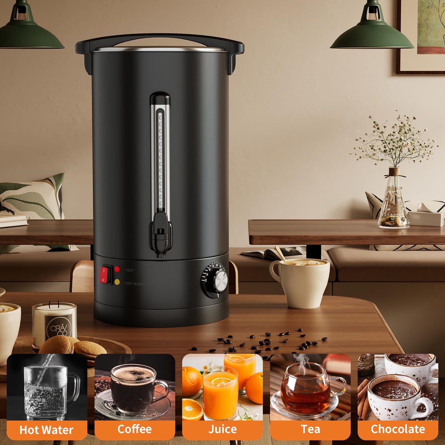 120-Cup Coffee Urn, 18L / 4.8Gal Double Wall Insulation Coffee Dispenser, Stainless Steel Large Hot Beverage Dispenser with Automatic Temperature Control & Faucet Commercial Coffee Urn, Black