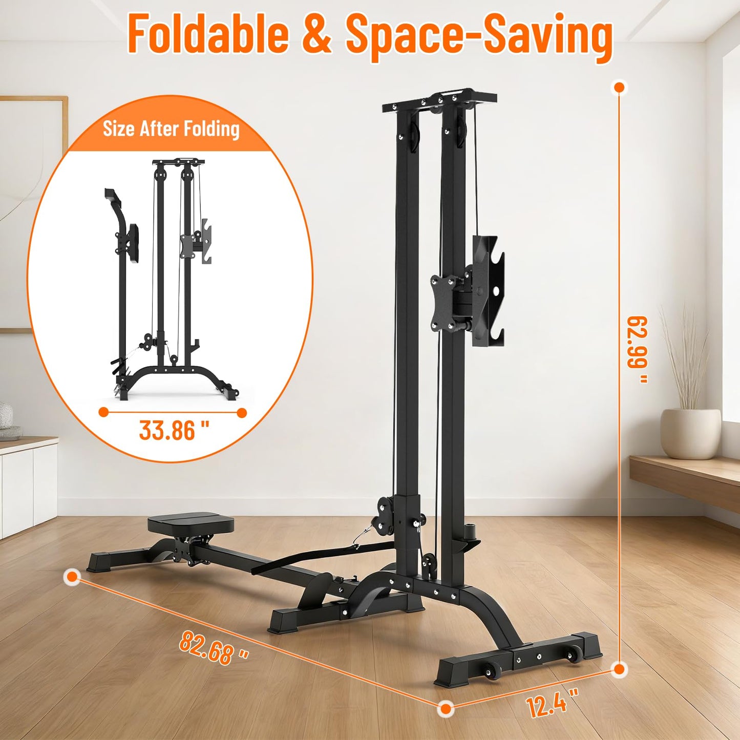 TOUSAINS CR63 Foldable Cable Machine for Home Gym, 330LBS LAT Pulldown & Seated Low Row Machine, Wall Mounted Compact Pulley System, Space Saving Home Gym Equipment, Olympic Plates Compatible