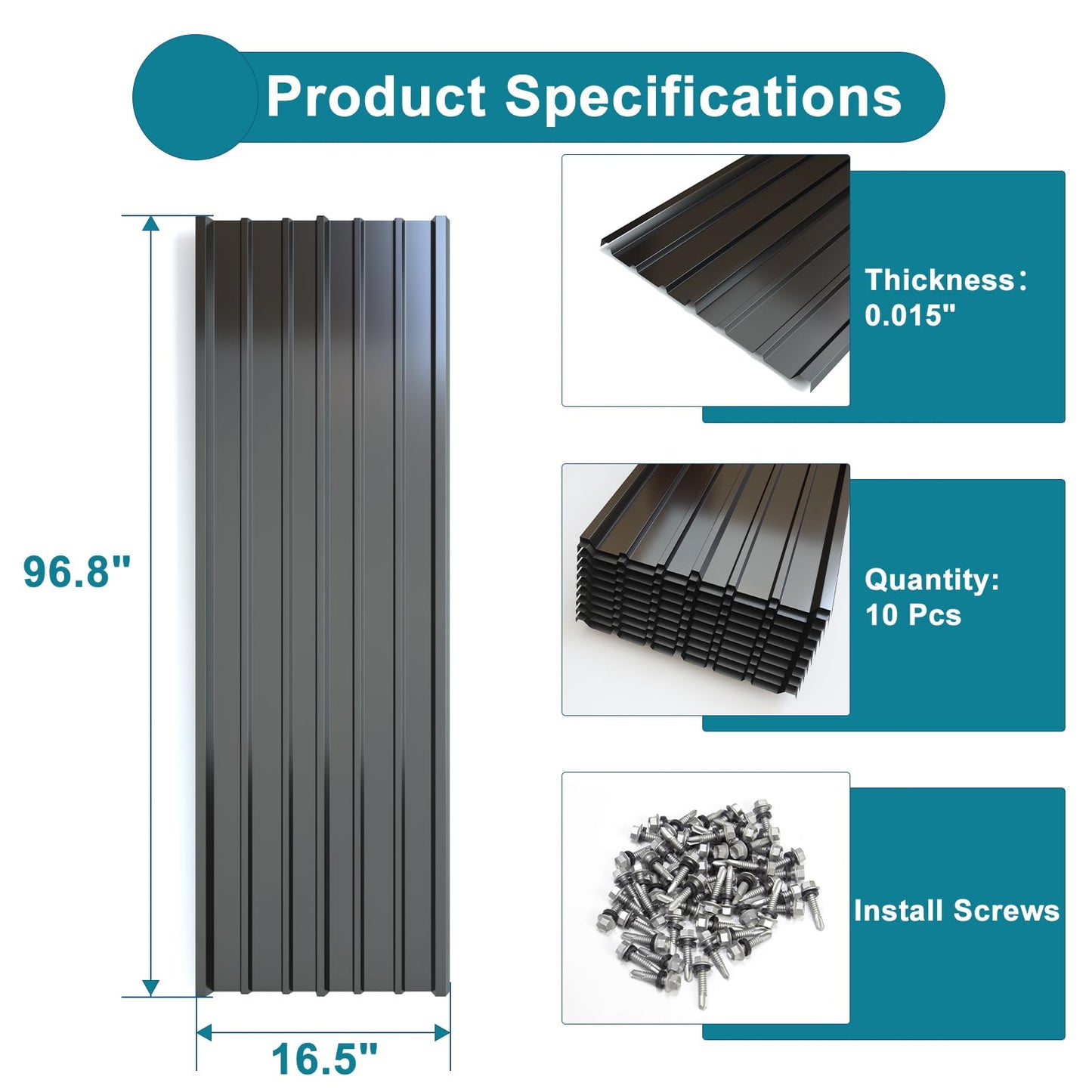 NeatiEase 10 Pcs Metal Roofing Panels, 8.1 Feet Corrugated Galvanized Roofing Panels Metal Siding Panels with Steel Screws for Pergola, Gazebo, Shed, Outdoor Storage, Chicken Coop,Garages (Black)