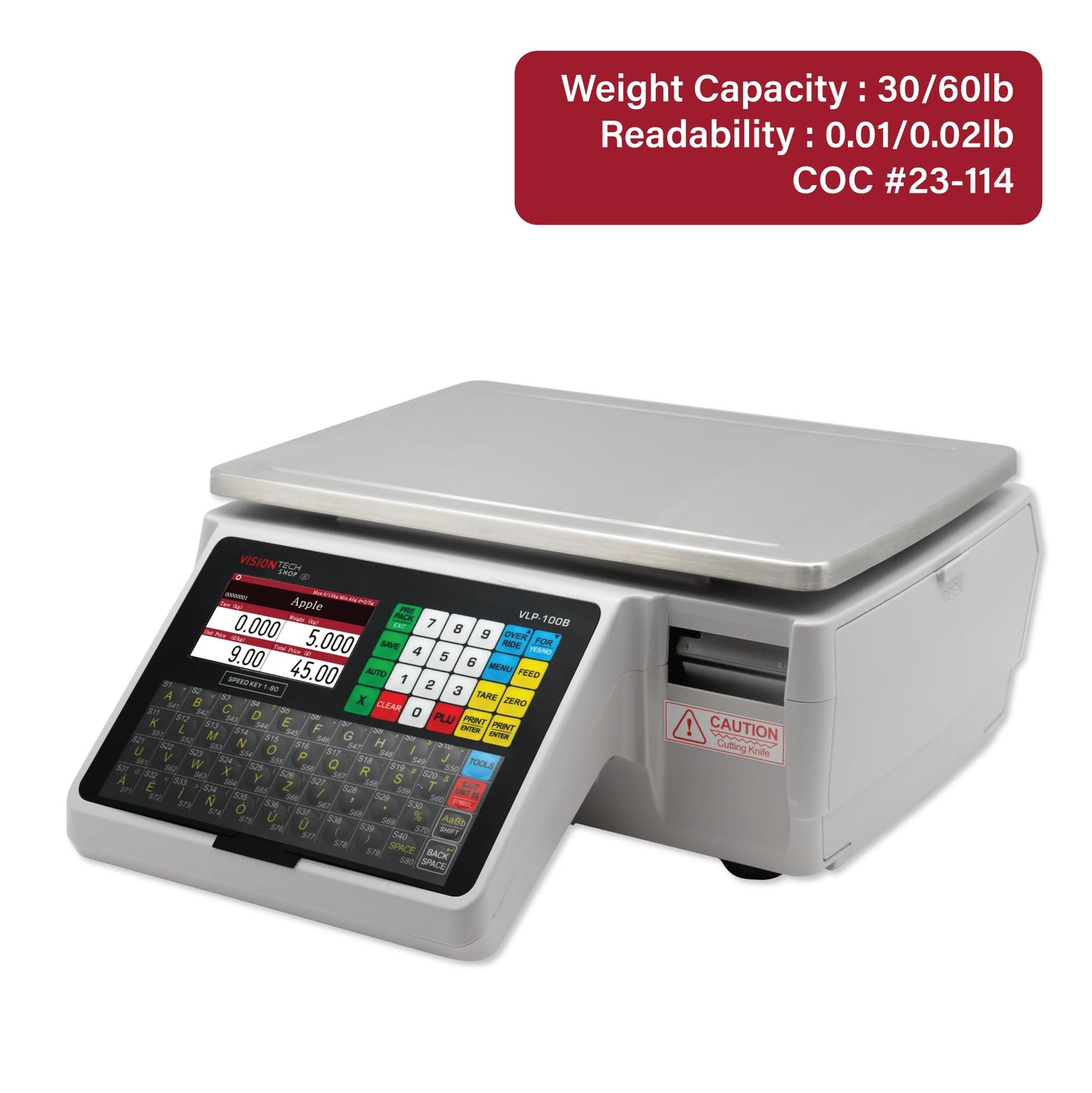 VisionTechShop VLP-100B Label Printing Scale, Capacity 30/60lb Readability 0.01/0.02lb, NTEP Legal for Trade, English, Spanish Available