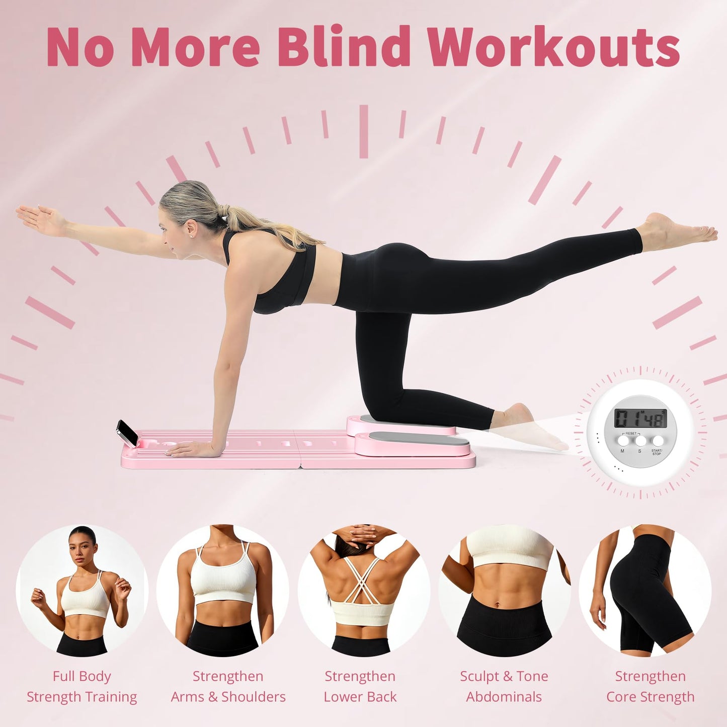 VigorEdge Pilates Board - Pilates Reformer Set, Multi-Purpose Foldable Pilates Reformer Board for Home,11 in 1 Pilates Equipment (Pink)