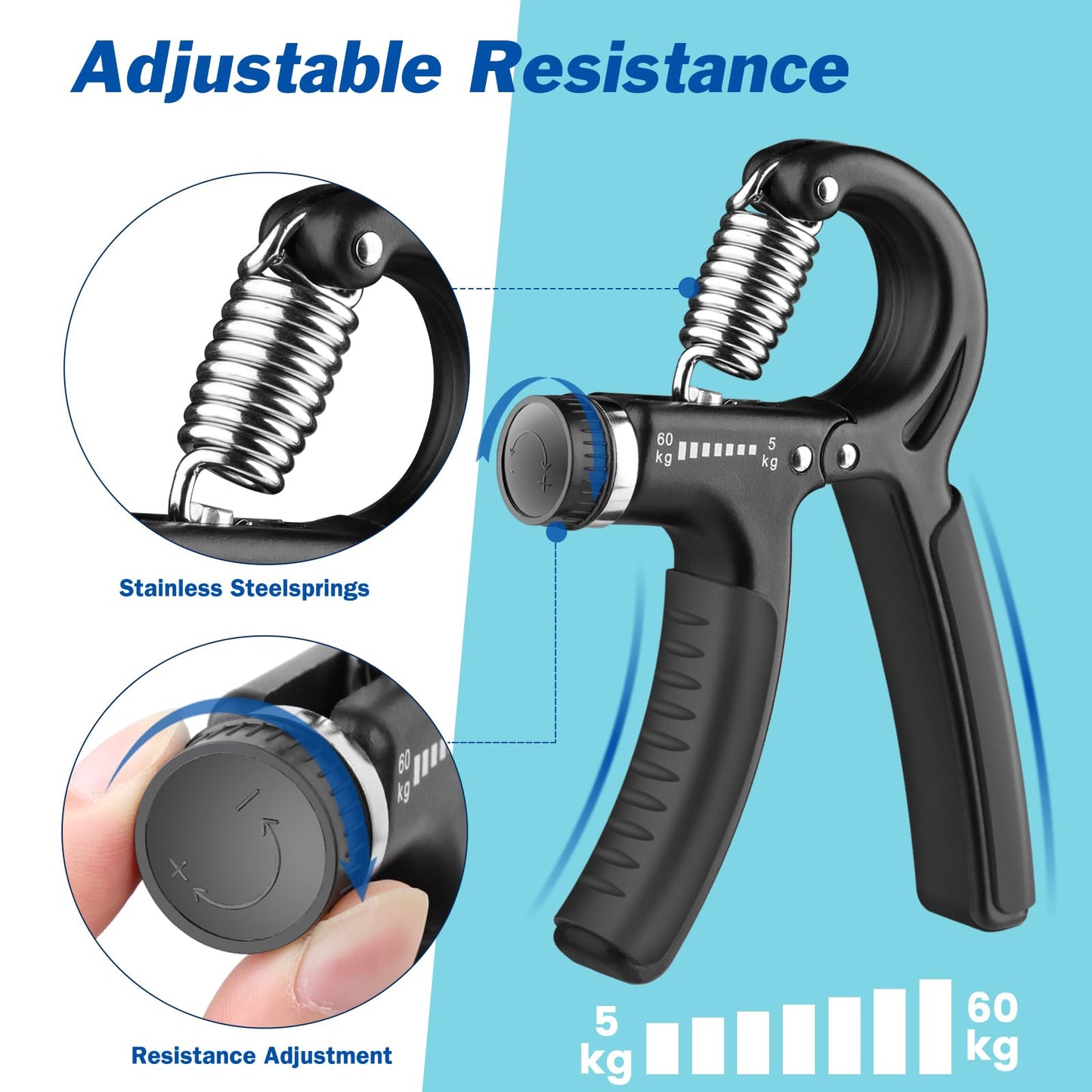 AIXPI Grip Strength Trainer, Hand Grip Exerciser Strengthener with Adjustable Resistance 11-132 Lbs (5-60kg), Forearm Strengthener, Hand Exerciser for Muscle Building and Injury Recover Black 1 Pack