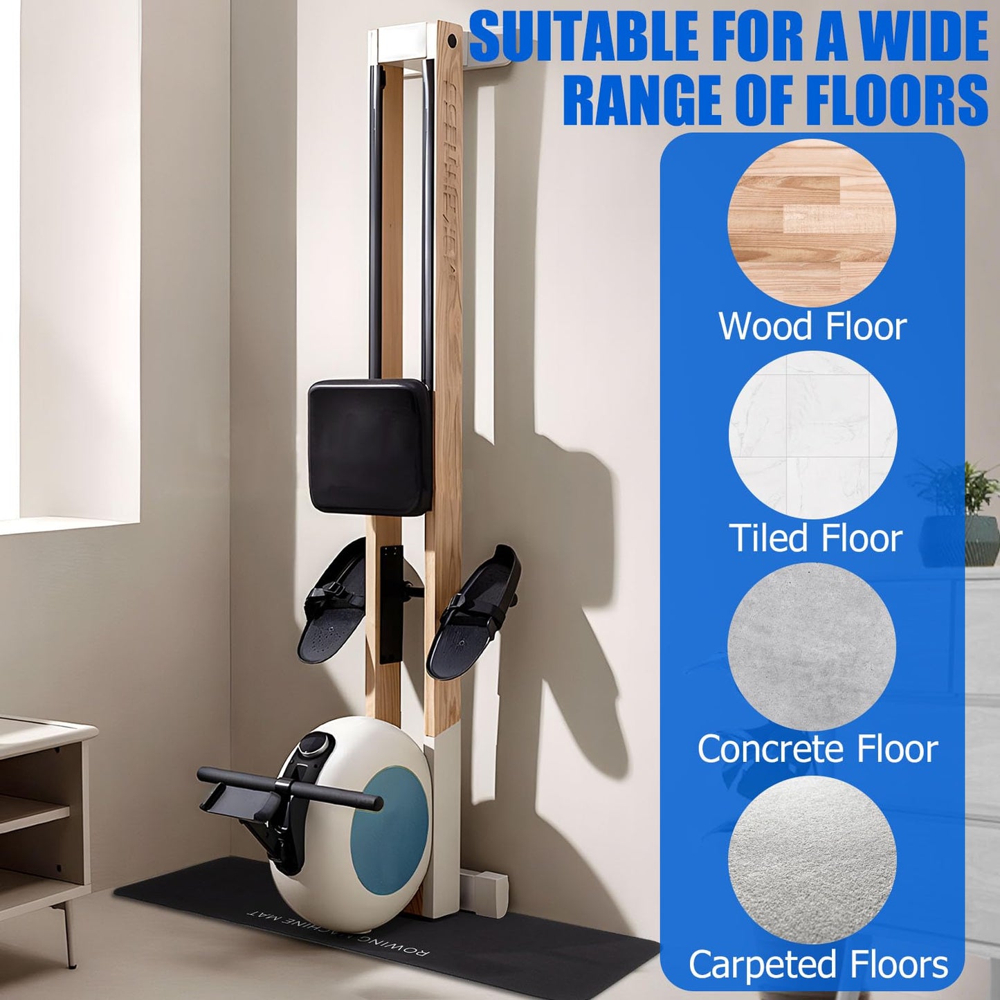 TOBWOLF 2PCS Rowing Machine Mat, Non-Slip Exercise Bike Mats for Home Gym Workout, Treadmill Mats Protector for Carpet & Hardwood Floors, Rower Mat for Hydrow, Concept 2, Peloton Rower Machine