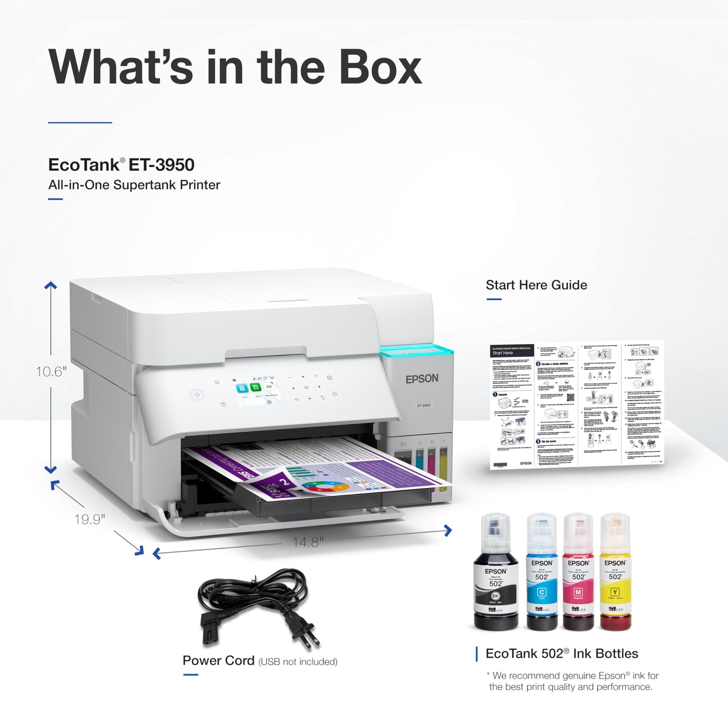 Epson EcoTank ET-3950 Wireless All-in-One Color Supertank Printer with up to 3 Years of Ink Refillable Tanks, Perfect for Home Office, 18 PPM, 2.4" Colorful Touchscreen, Auto Document Feeder - White