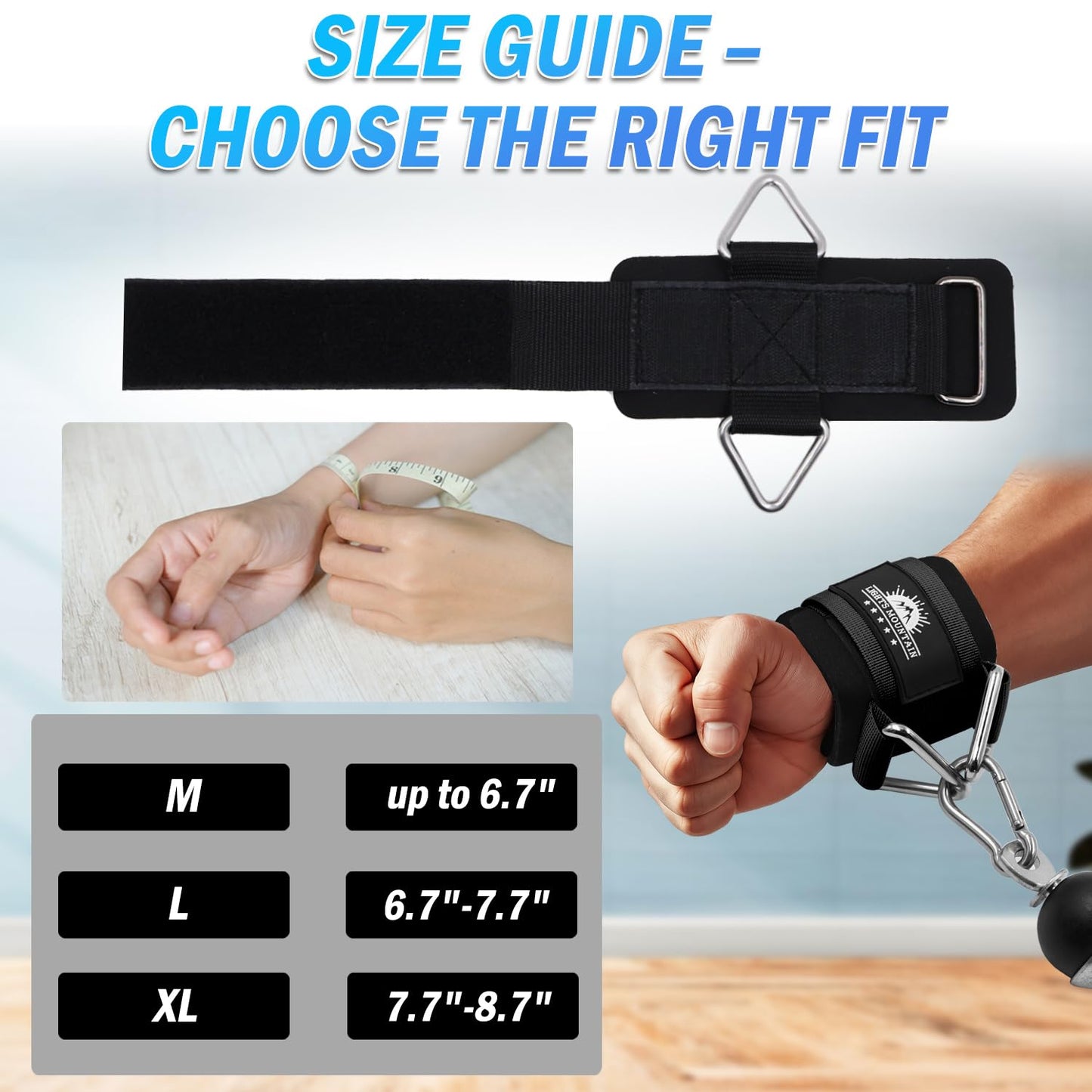 Lights Mountain Wrist Cuffs for Cable Machines – Padded & Adjustable Straps for Lateral Raises, Tricep Pushdowns & Strength Training (Black L)