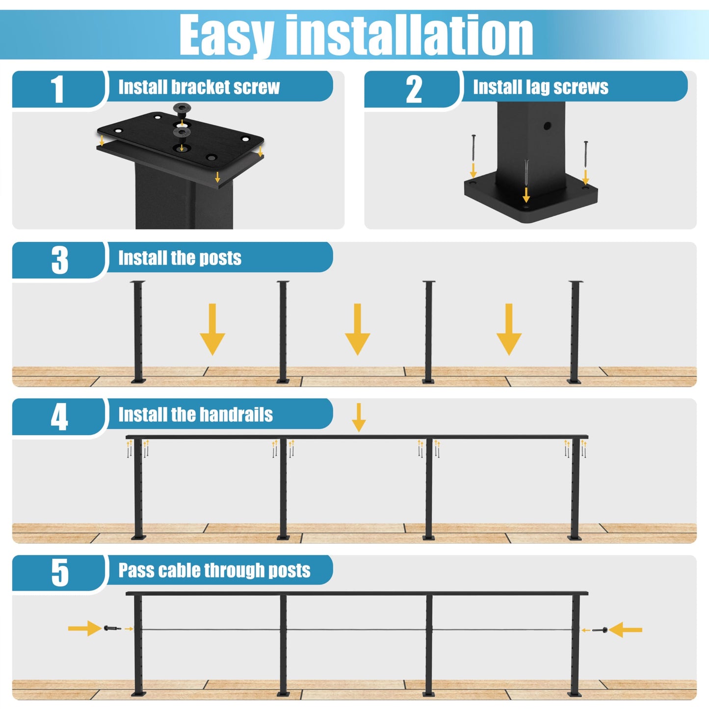 Patavin Complete Set 36" Cable Railing Post Kit, Black Level Drilled Cable Railing Post, Invisible Cable Railing System Kit, 1/8" Stainless Steel Cable, 3Pack Posts with Cable Grommets (No Handrail)