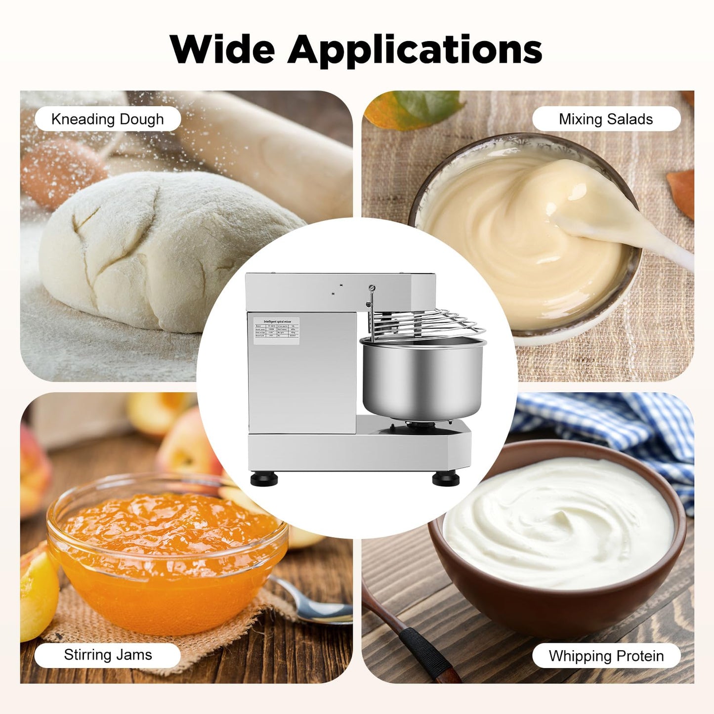 10L/2.6 Gal Commercial Food Mixer, 750W 110V Electric Spiral Mixer Rotation Speed 100/200R/Min Waterproof Level IPX1, Dough Kneading Machine for Dough, Salad, Cream