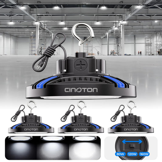 CINOTON UFO LED High Bay Light, 160W/120W/80W Switchable 0-10V Dimmable, AC100-277V LED Shop Lights with US Plug, 24000LM Commercial Lighting for Garage Workshop, 5000K Daylight, UL Listed, 4 Pack