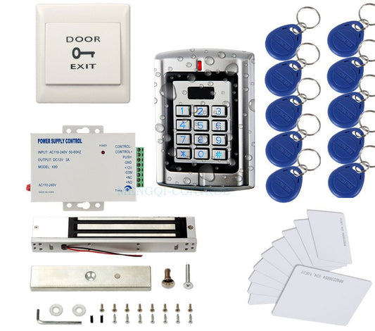 MENGQI-CONTROL Metal Weatherproof Access Control System 600LBS Force Electric Magnetic Lock +110VPower Supply+Exit Button+Cards+Key Fobs