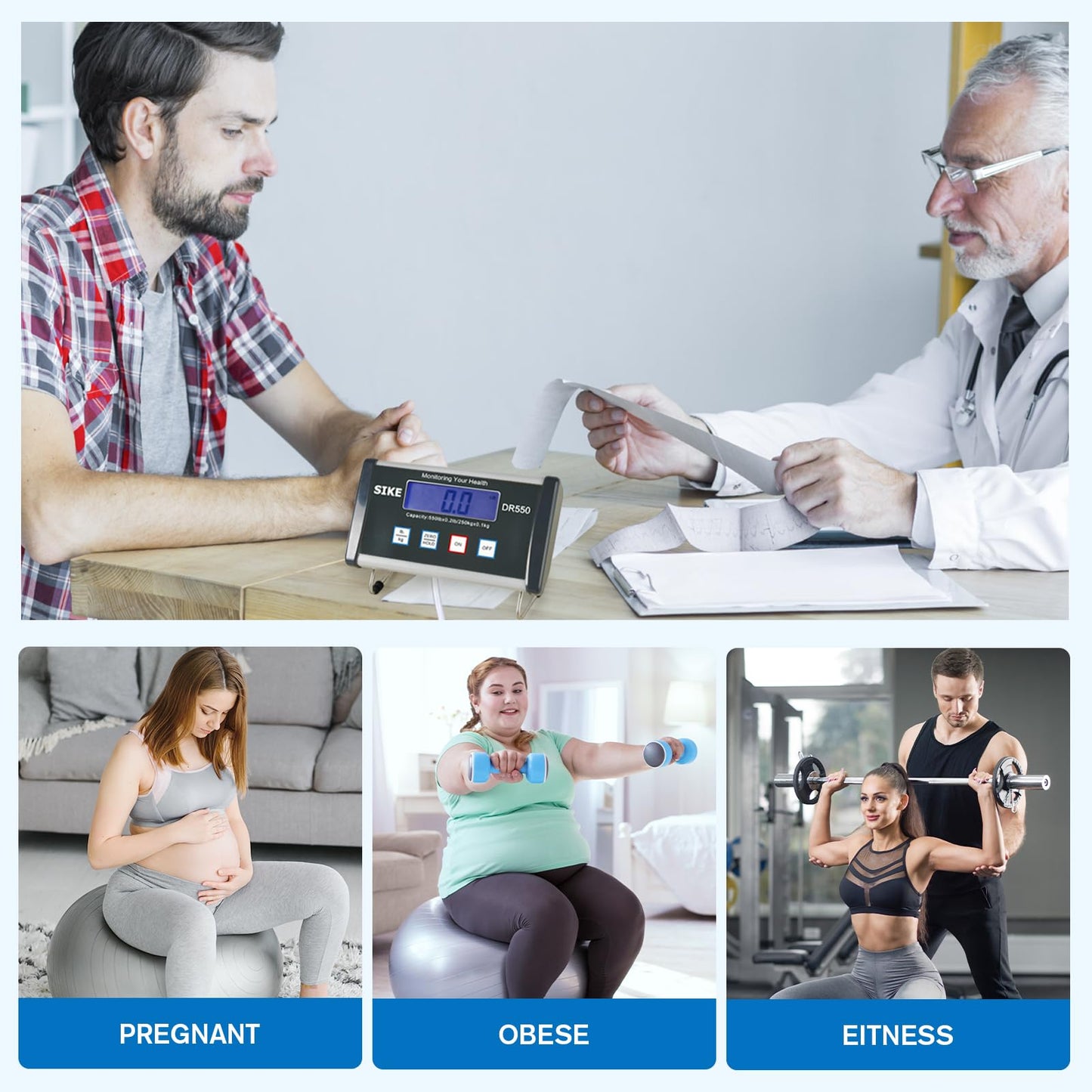 SIKE Digital Physician Scale, Medical Floor Scale for Body Weight, 550 lb Limit Professional Weight Scale, Portable Easy to Read Digital Display, Heavy Duty, Pound & KG Settings, 12.5" x 12" Platform