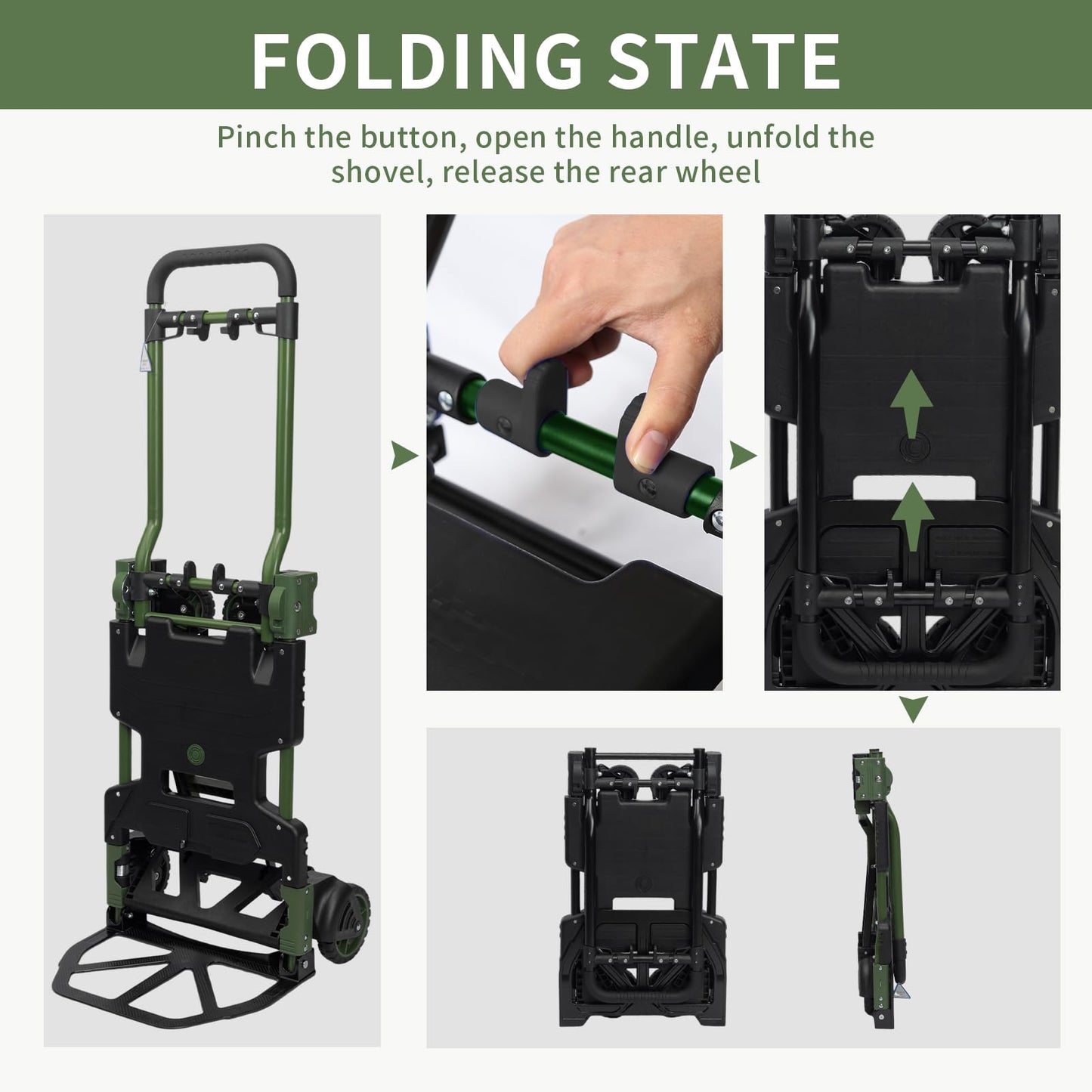 2-in-1 Black Folding Small cart, Outdoor Cargo handling Vehicle, Flatbed Trailer with a Load Capacity of 330 pounds (1, Green+Black Brake)