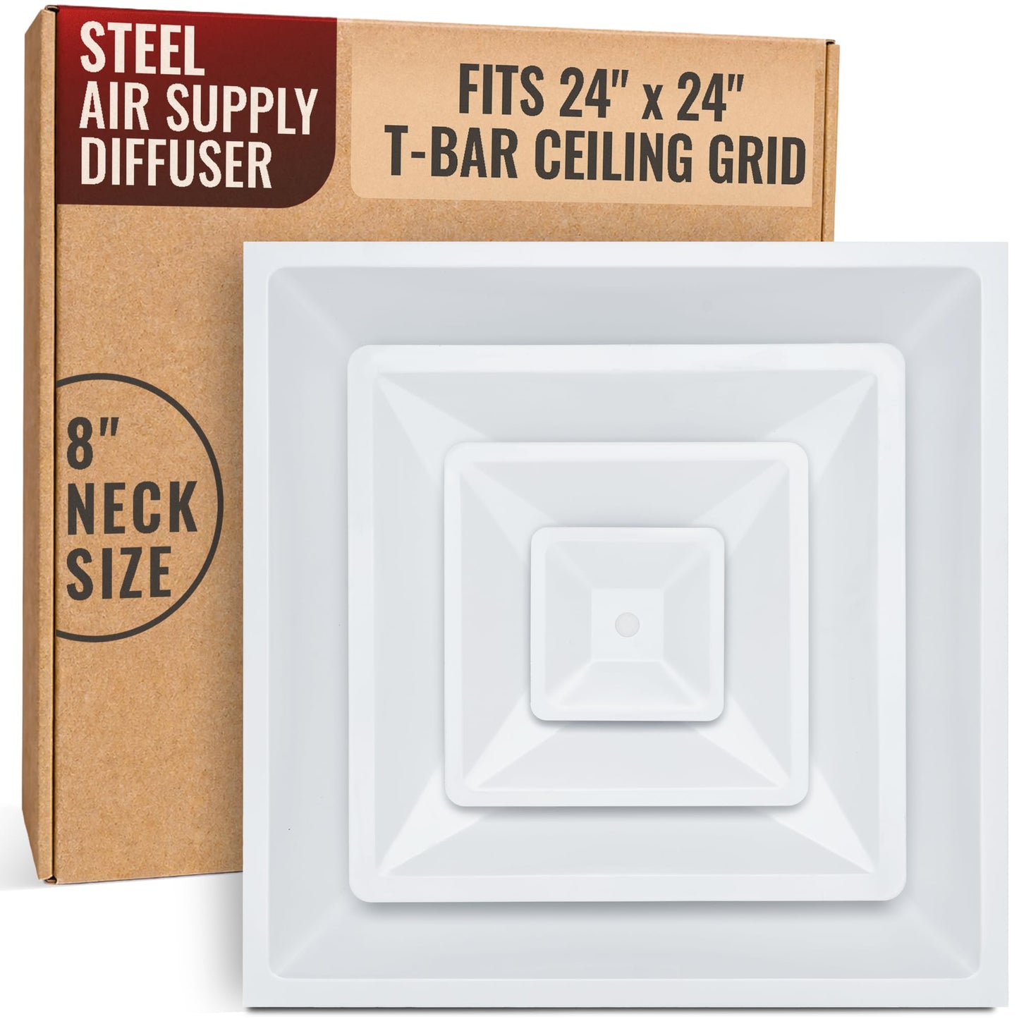 Fits 24x24 Steel T-Bar Drop Ceiling Grid | 2x2 Feet Lay in Steel Air Supply Diffuser with Round 8" [Neck Size] by Handua | 3 Cone | Drop Celing Vent | White | Outer Dimension: 23-3/4" x 23-3/4"