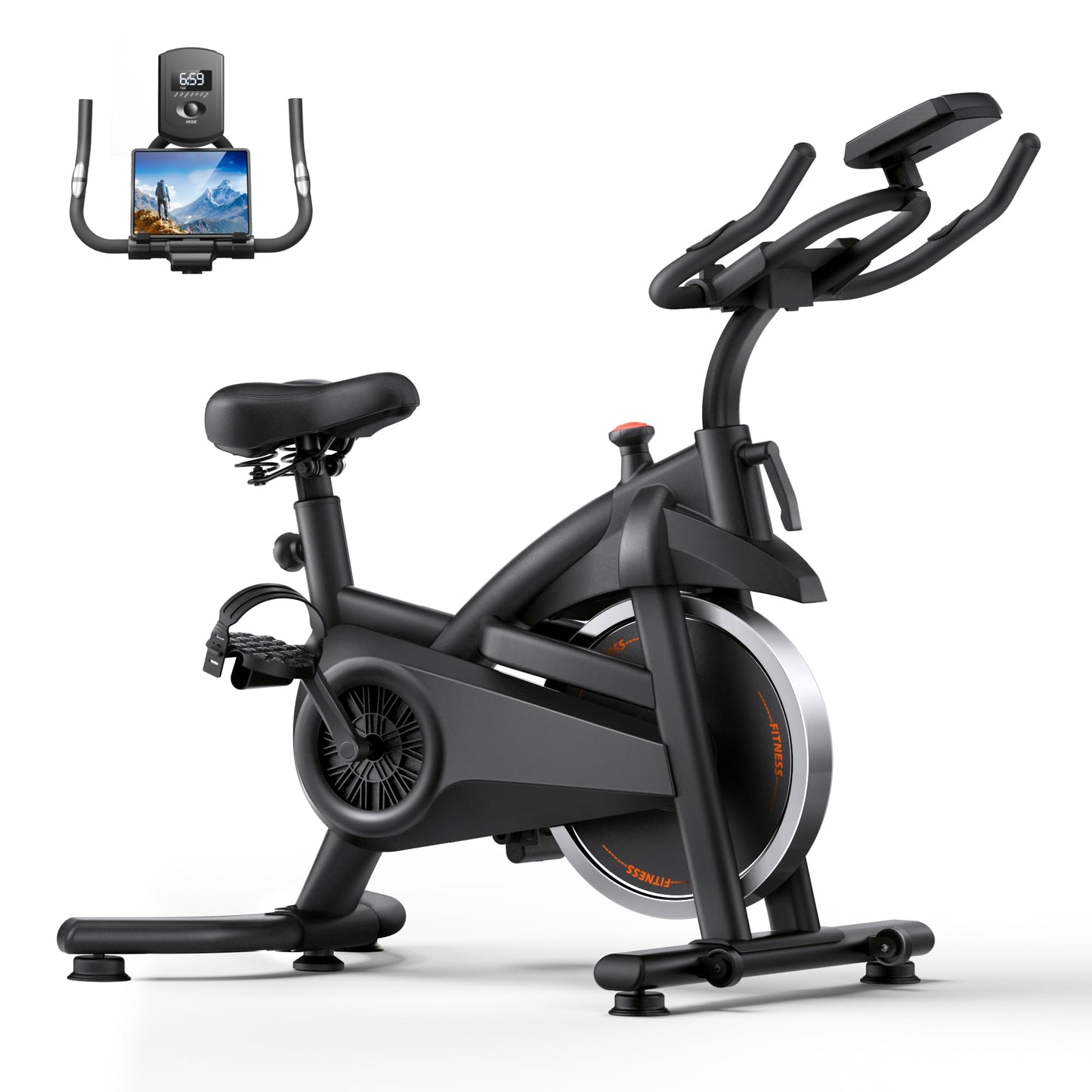 CURSOR FITNESS Indoor Cycling Bike, Quiet Belt Drive Stationary Exercise Bike for Home with 0–100 Adjustable Resistance, Weight Capacity, Tablet Holder & Heart Rate Monitor