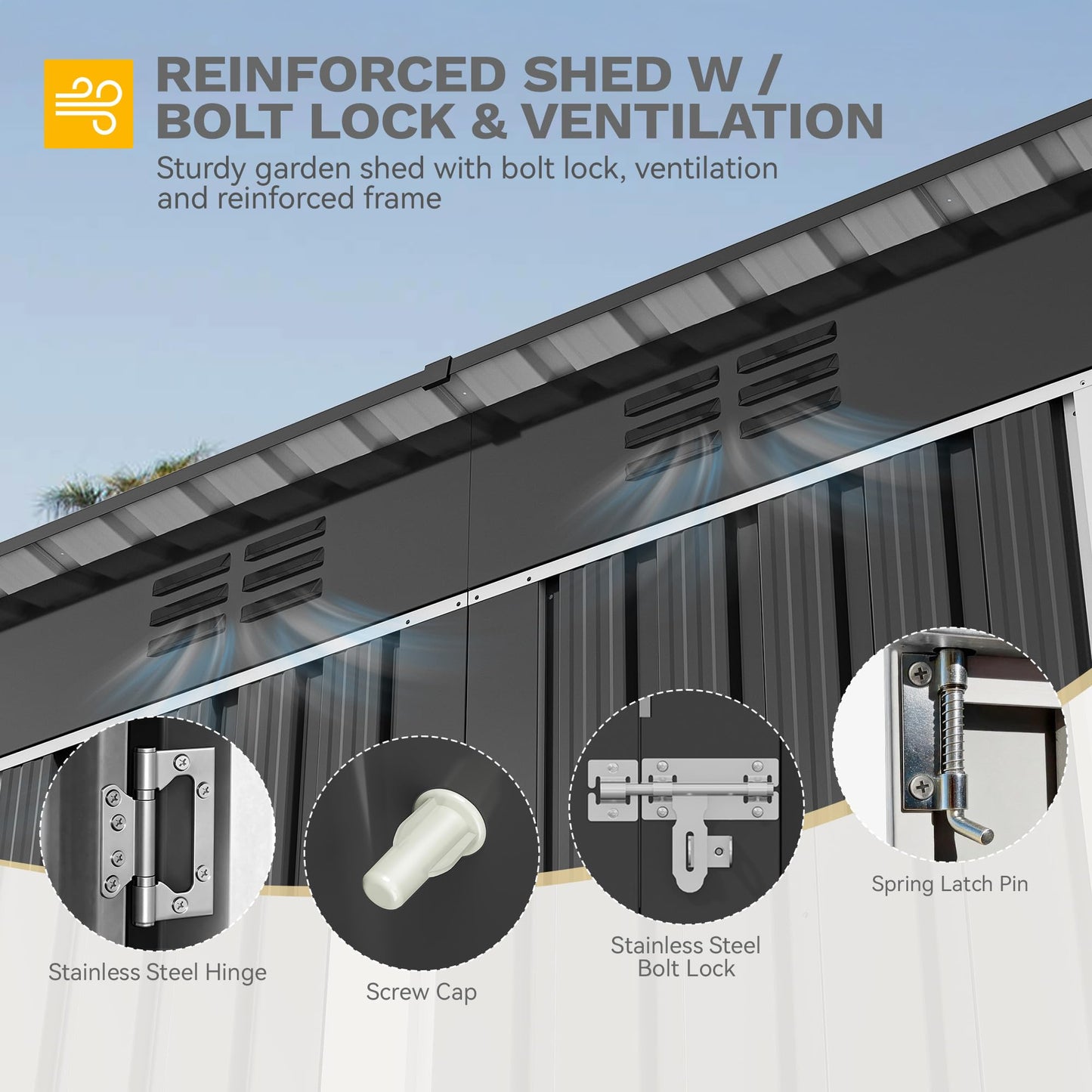 DWVO 9x4ft Large Tool Storage Shed with Window, Lockable Doors, and Sloped Roof, Oversized Steel Outdoor Storage Shed for Garden, Patio, Garage, Backyard, Lawn - Dark Gray